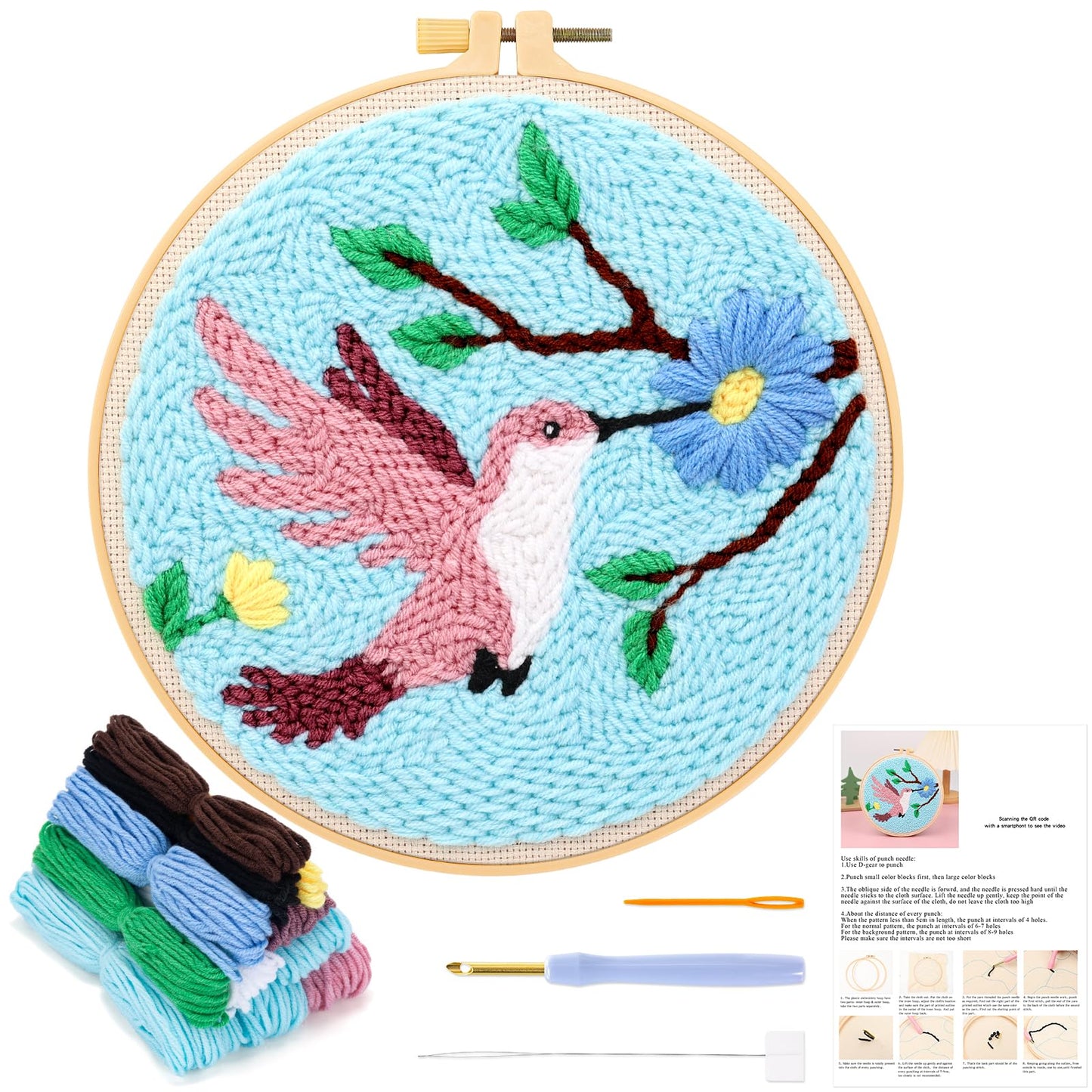 JSRQT Punch Needle Embroidery Kit for Beginners, Hummingbird Pattern Punch Needle Stater Kit for Adult Kids, DIY Craft Cross Stitch Rug Beginners Set