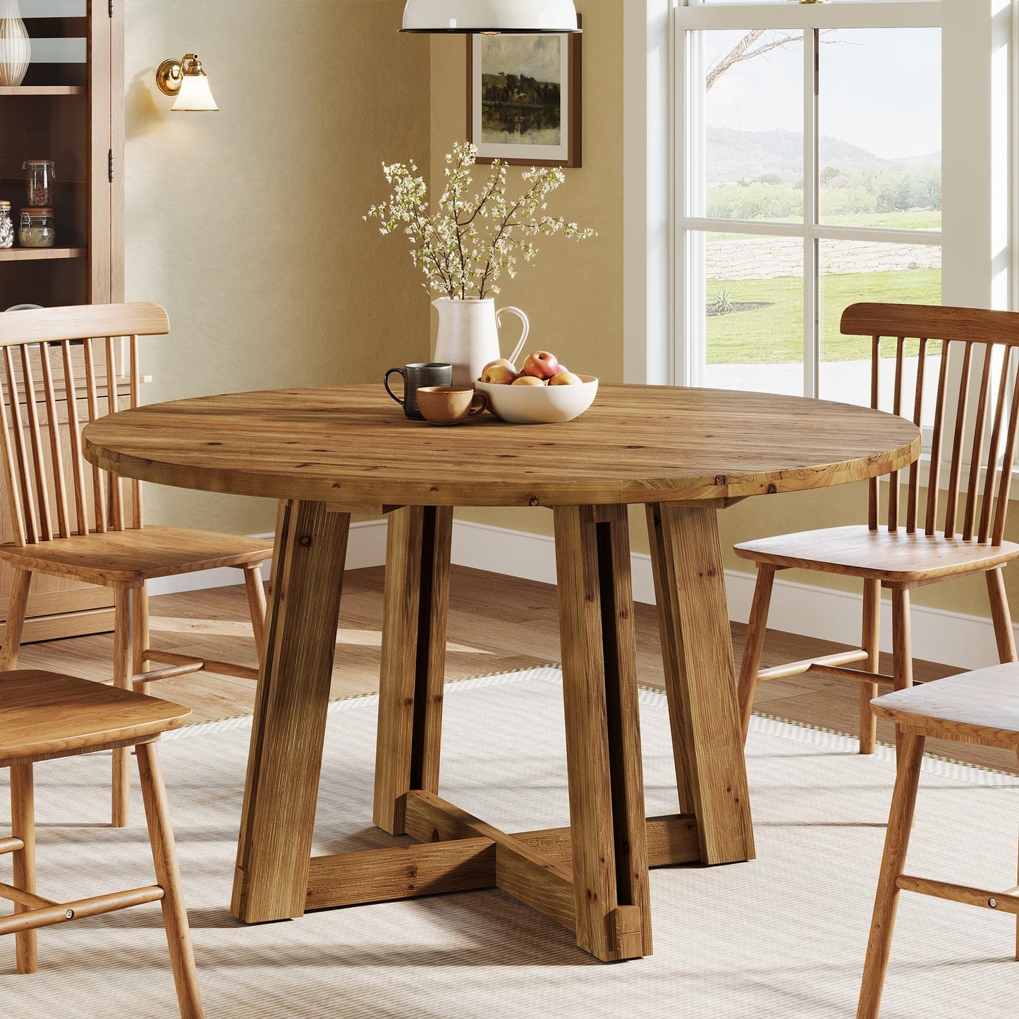 TRIBEWOOD Farmhouse 47.3'' Solid Wood Round Dining Table for 4-6, Cross Base Kitchen Table, Rustic Wooden Dining Room Table