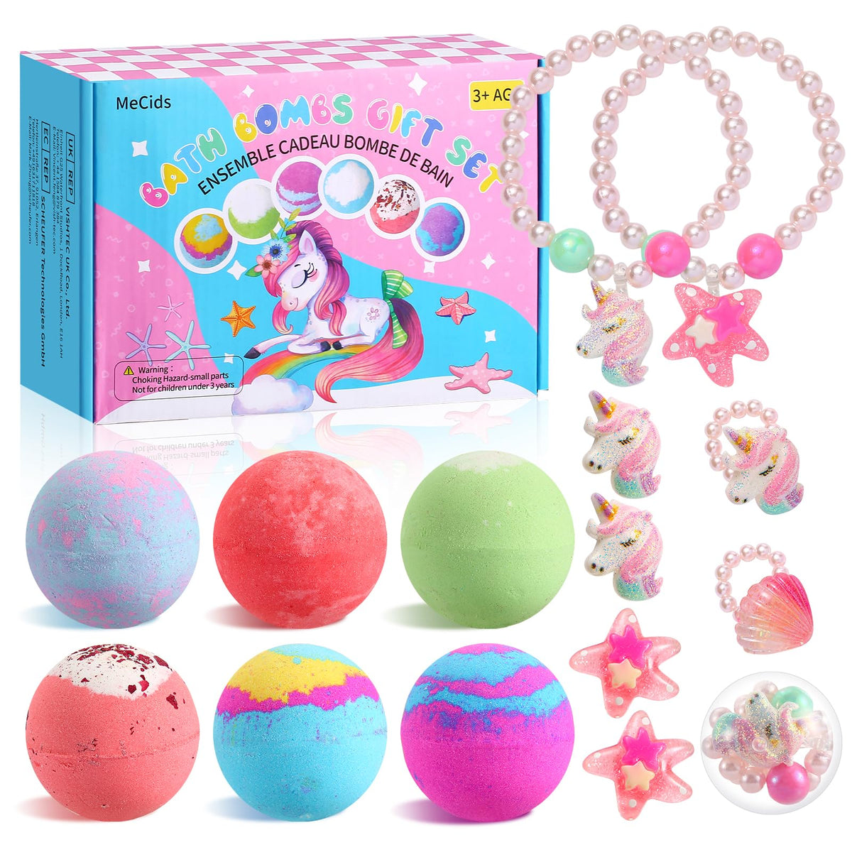 MeCids Bath Bombs for Kids with Surprise Toy Inside, 6 Pack Organic Bath Bomb with Bracelets and Rings, Bubble Bath Bombs Ball Kit for Kids Girls