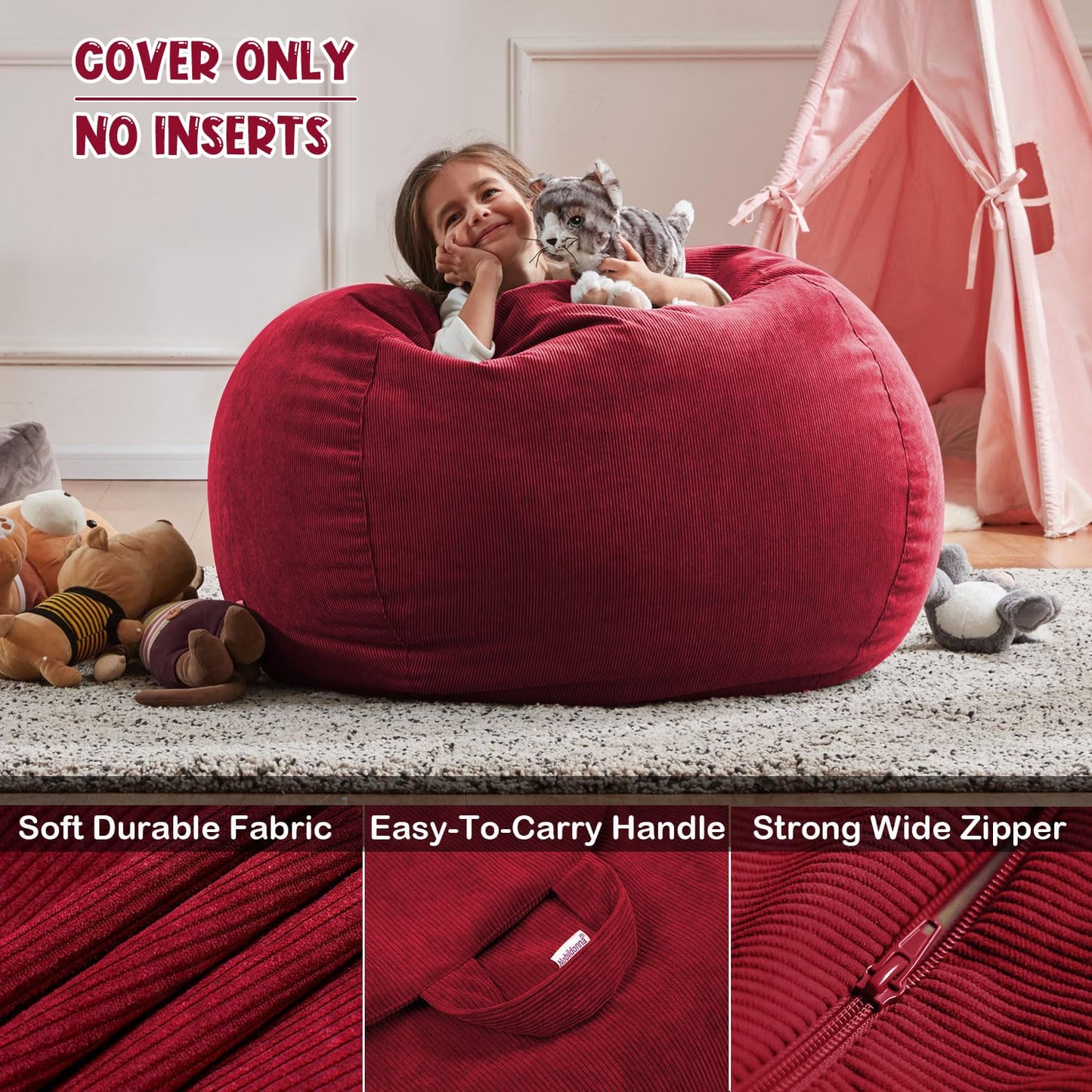 Nobildonna 3 ft Bean Bag Chair Cover (No Filler) for Adults and Kids 300L Extra Large Stuffed Animal Storage Bean Bag Washable Soft Premium Corduroy