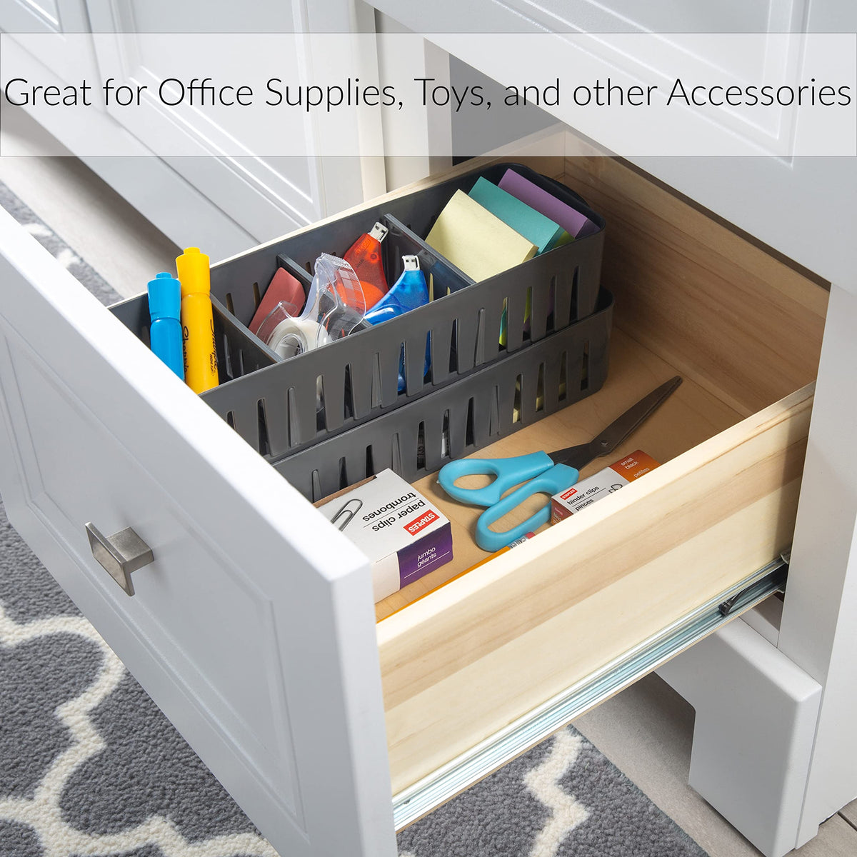 Simplify Stackable Organizer Bin with Adjustable Dividers, 4 Compartment Storage Basket, Good for Office, Home & Dorm, Polypropylene, Grey, 1 Pack