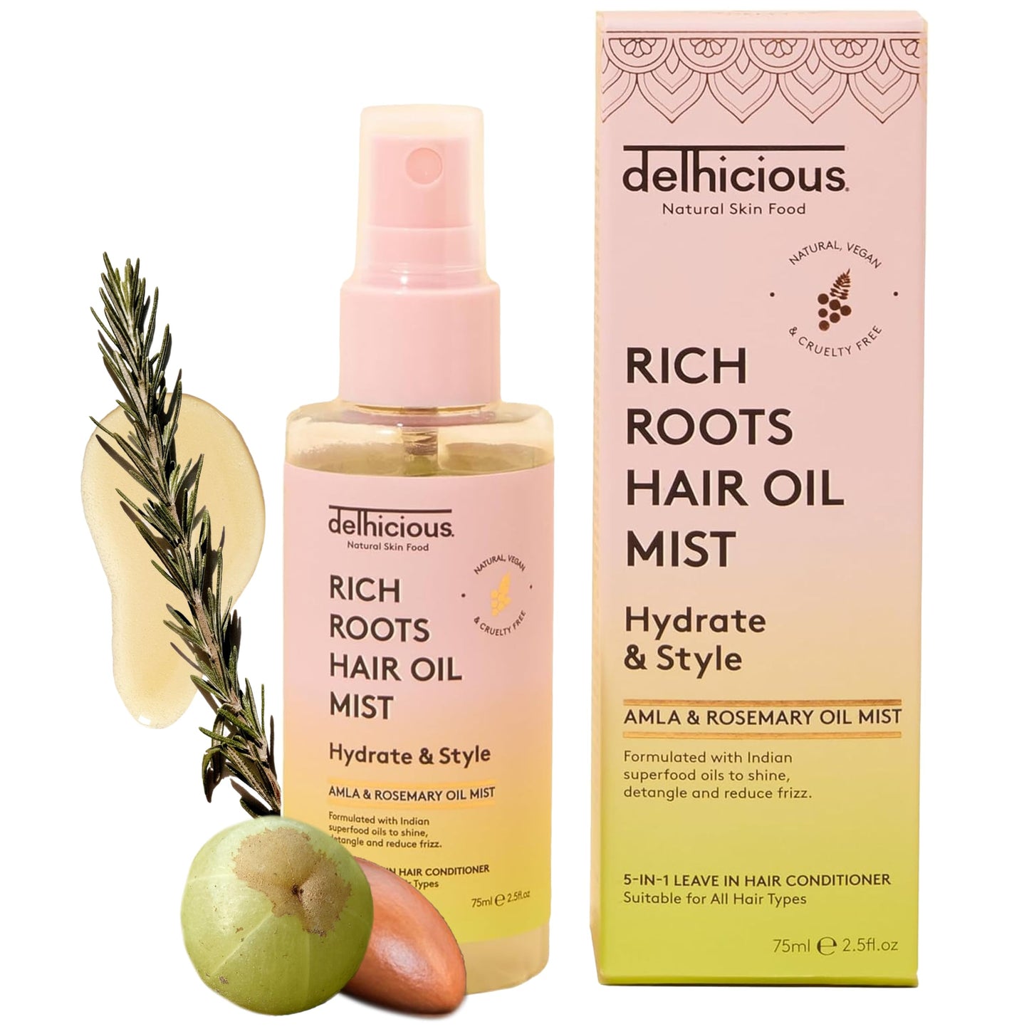 Delhicious 5-in1 Leave in Conditioner Spray, Ayurvedic Hair Oil, Hair Mist - Rich Roots Amla Hair Oil, Argan Oil, Rosemary Oil for Hair - Detangler