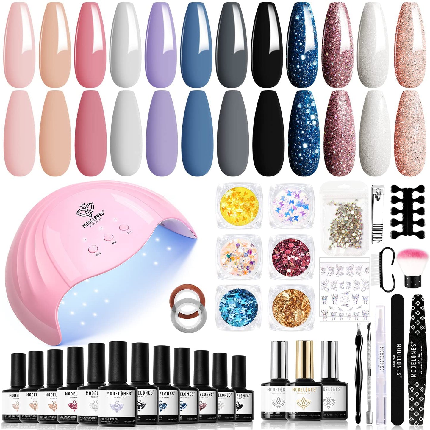 Modelones Gel Nail Kit - 12 Colors Pink White Black Gel Nail Polish Kit with 48W Lamp Starter Kit, Glossy & Matte Top and Base Coat, Manicure Tools