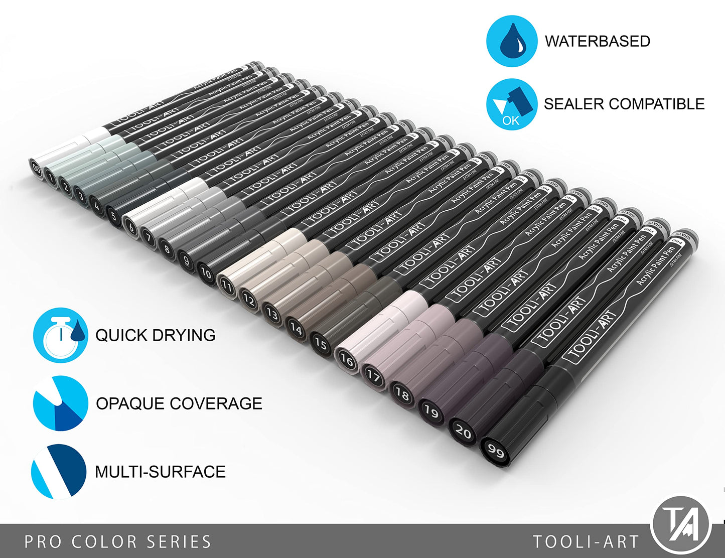 Acrylic Paint Pens 22 Gray Tones Assorted Pro Colour Series Markers Set 0.7mm Extra Fine Tip for Rock Painting, Glass, Mugs, Wood, Metal, Canvas,