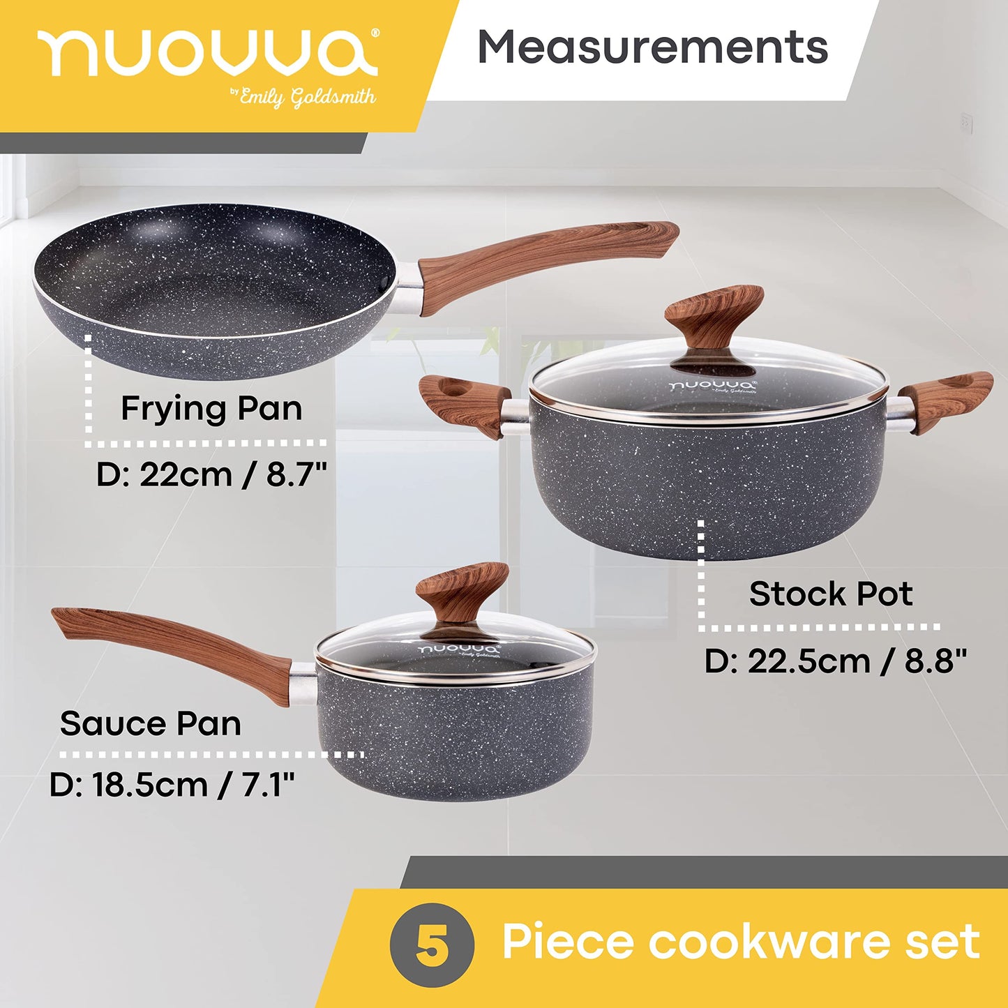 Non Stick Pots and Pans Set  Induction Hob Pots Set  5pcs Kitchen Cookware with Lids  Cooking Marble Saucepan Pots and Frying Pans  by Nuovva