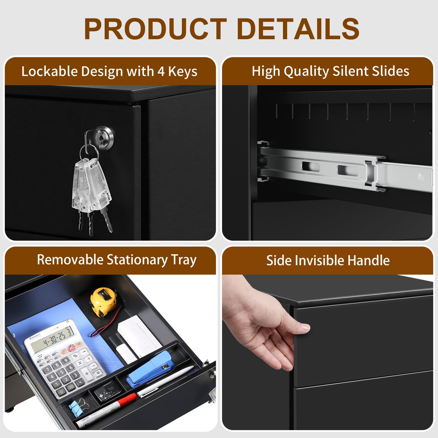 HOMSTEEL Mobile File Ccabinet, Filing Cabinet with 4 Lock, 4 Keys, 4 Drawers, Metal Cabinet, Pre-assembled, for Office, Home Office, Black