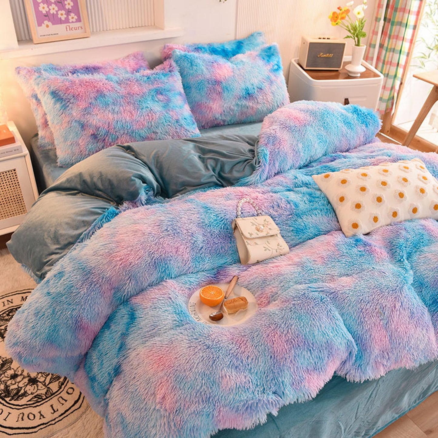 ZIQINPSQ Plush Shaggy Duvet Cover Set,Tie Dye Faux Fur Bedding Set for Teens Girls Soft Velvet Fluffy Fuzzy Comforter Cover Bed Set (Blue, Single)