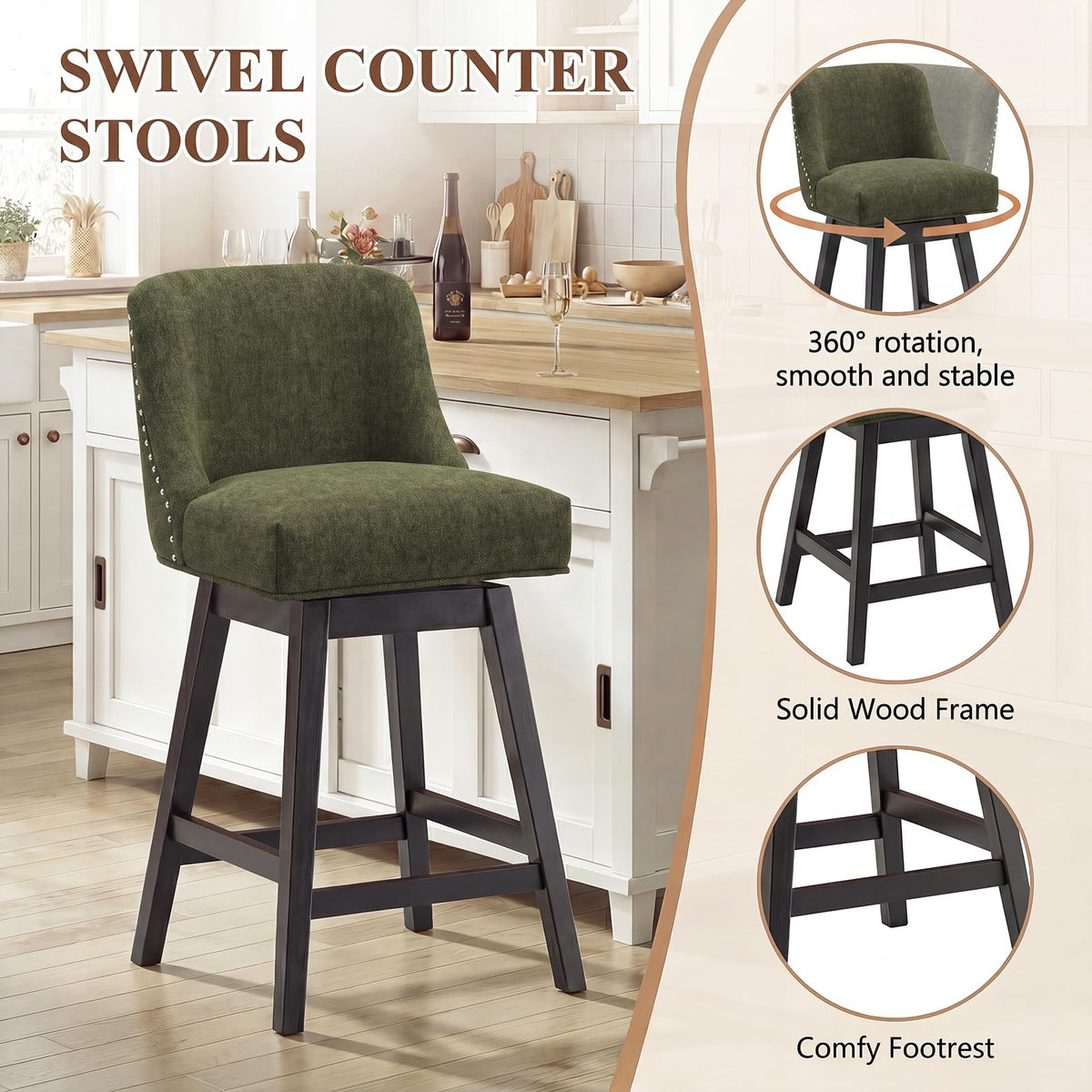 Bar Stools Set of 2, 360° Swivel Upholstered Counter Stools with Back, Wooden Frame Kitchen Bar Chairs with Nailhead Trim