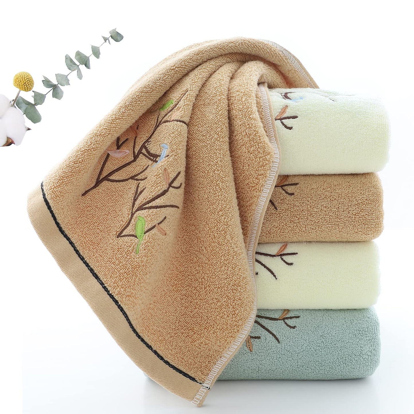 Pidada Hand Towels Set of 2 Embroidered Bird Tree Pattern 100% Cotton Absorbent Soft Decorative Towel for Bathroom 35 x 75 cm (Brown)