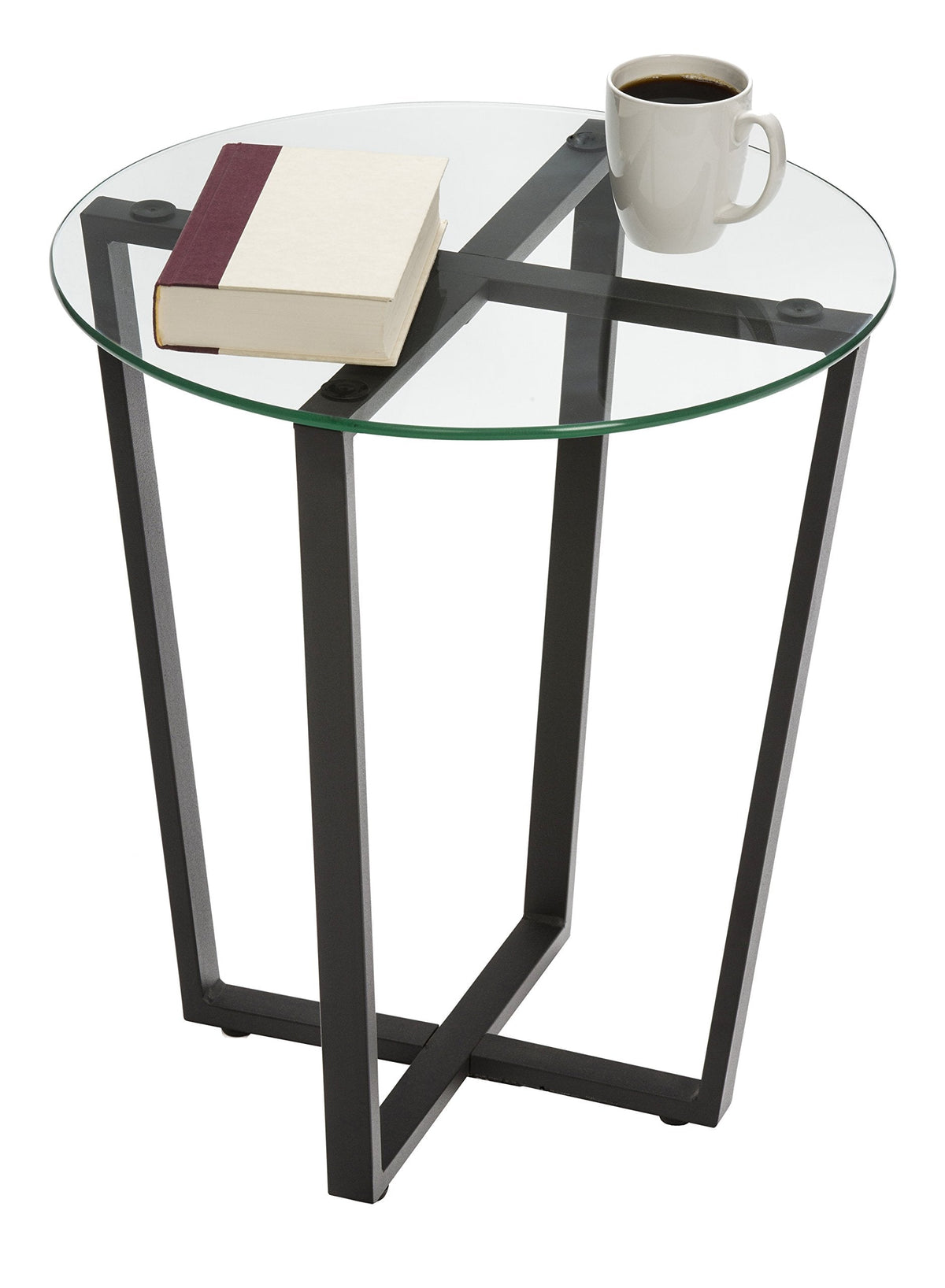 Mango Steam Round Metro Glass End Table/Side Table/for Living Room & Dining Room - Clear Top/Black Base