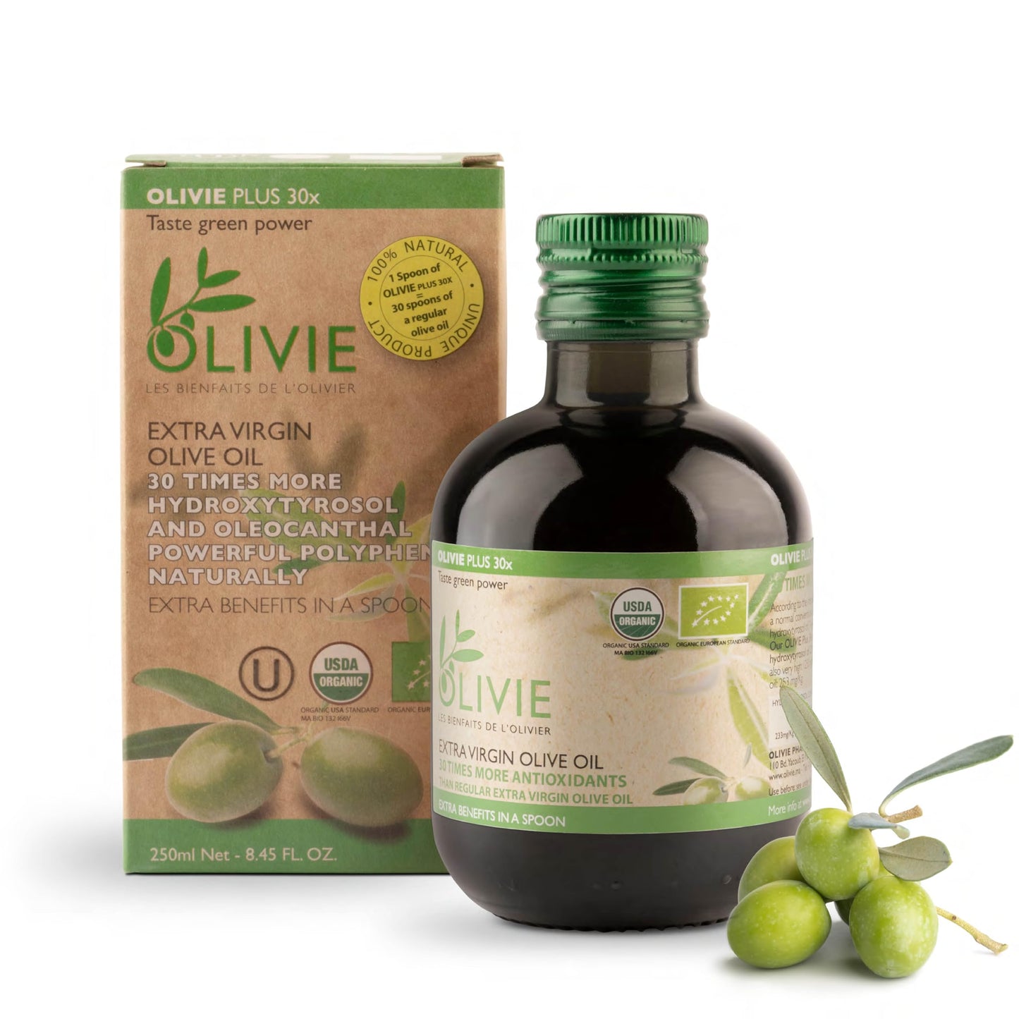 OLIVIE LES BIENFAITS DE L'OLIVIER Organic High Polyphenol Rich Extra Virgin Olive Oil Olivie Plus 30X, Moroccan Desert Olive Oil, EVOO, MD