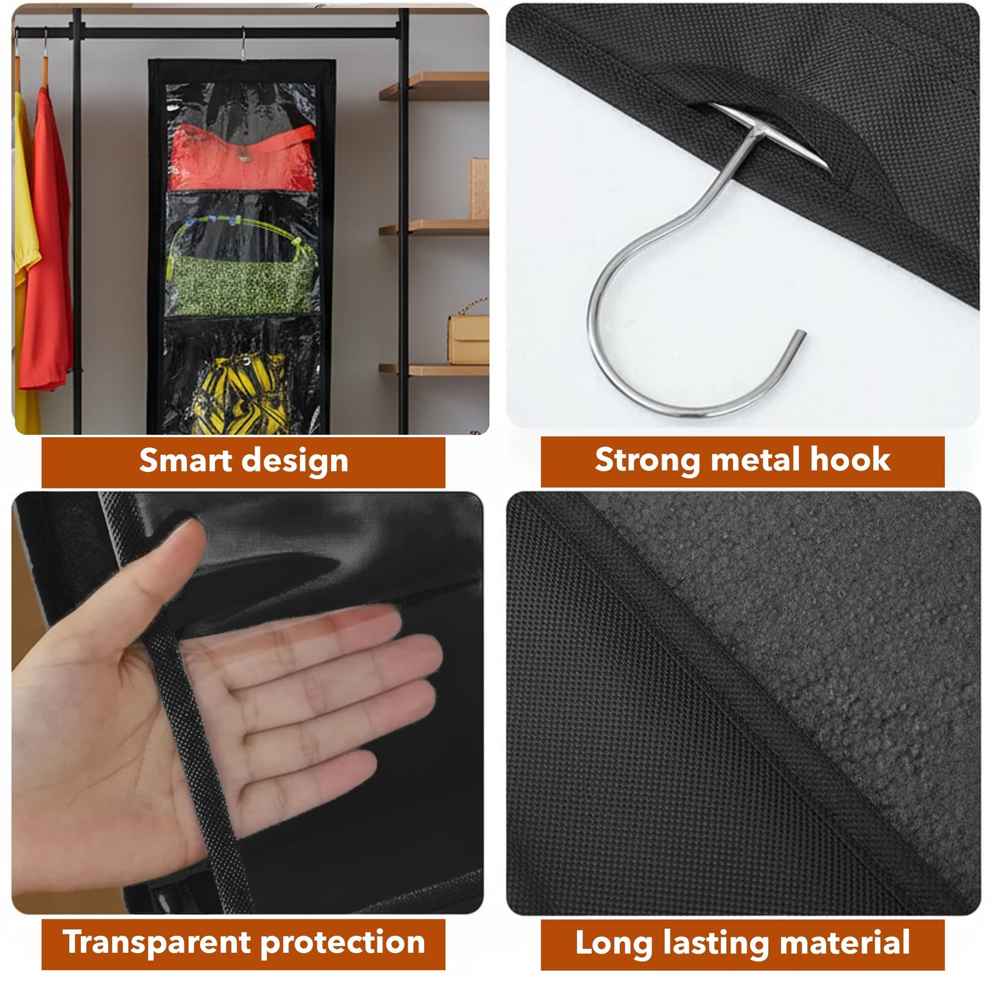 unel Hanging Handbag Storage Organiser (2 Pack), Each Hanger Holds 8 Bags for Wardrobes, Space Saving & Washable