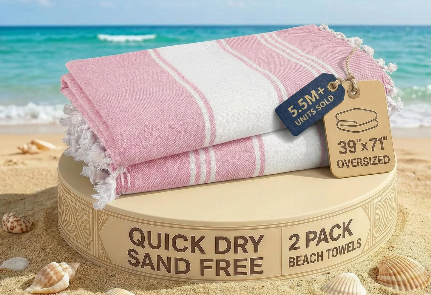 LANE LINEN Turkish Beach Towels, 2 Pack Extra Large Beach Towel, Pre-Washed for Soft Feel, Cotton Rich Oversized Sand Free Quick-Dry Pool Towel
