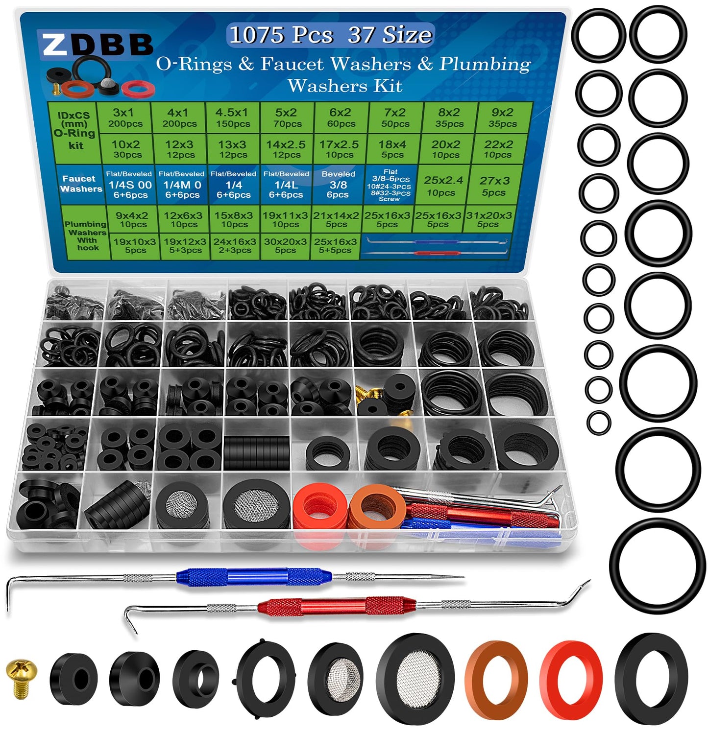 ZDBB 37 Size 3-in-1 Spigot Repair Washers & Hose Gasket & Faucet O-Rings Kit 1075 Pcs Universal Plumbing Rubber Washers Assortment Kit for Kitchen