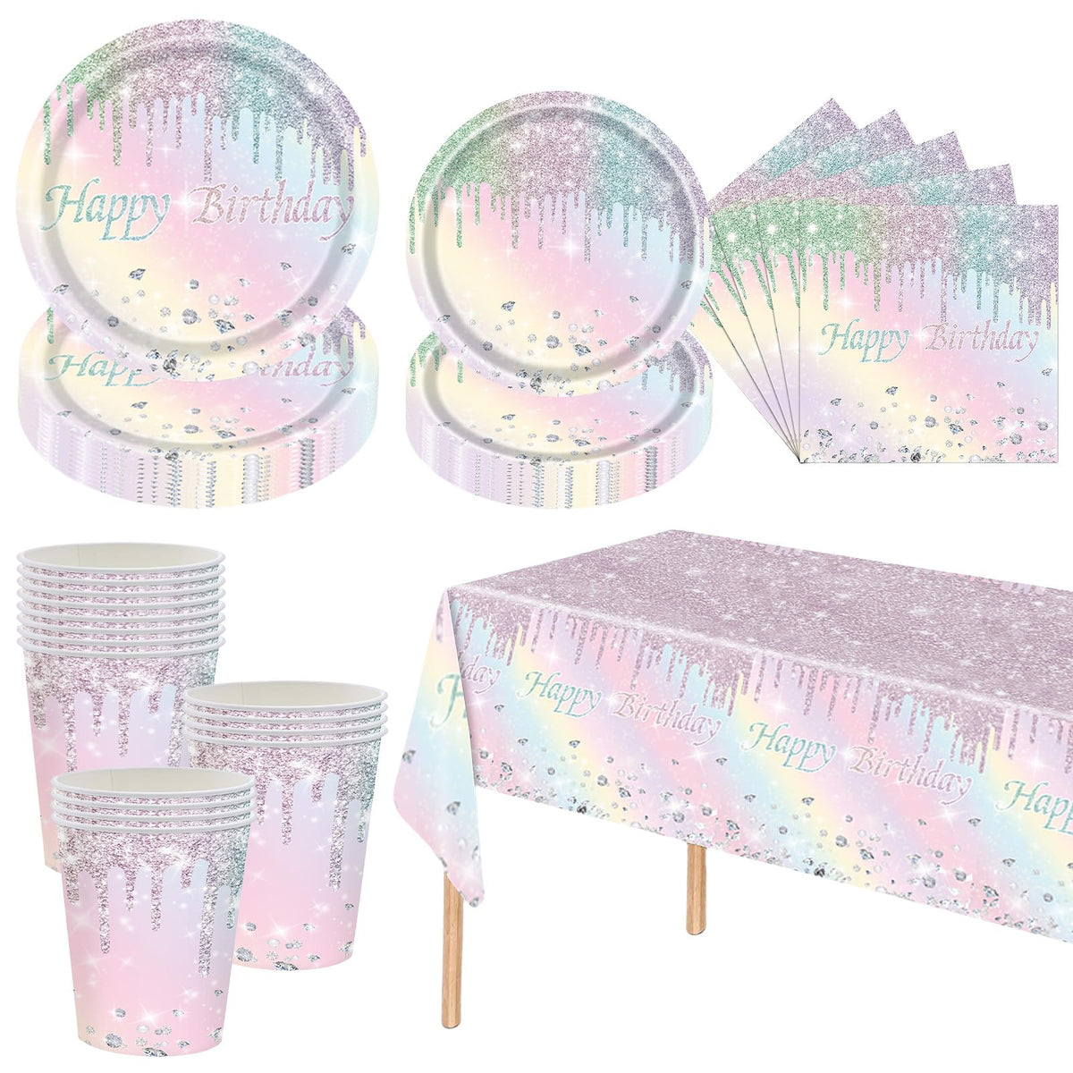 Rainbow Shiny Glitter Party Tableware Set for Girls Women,81pcs Macaron Diamond Themed Birthday Disposable Dinnerware Paper Plates Cups Napkins and