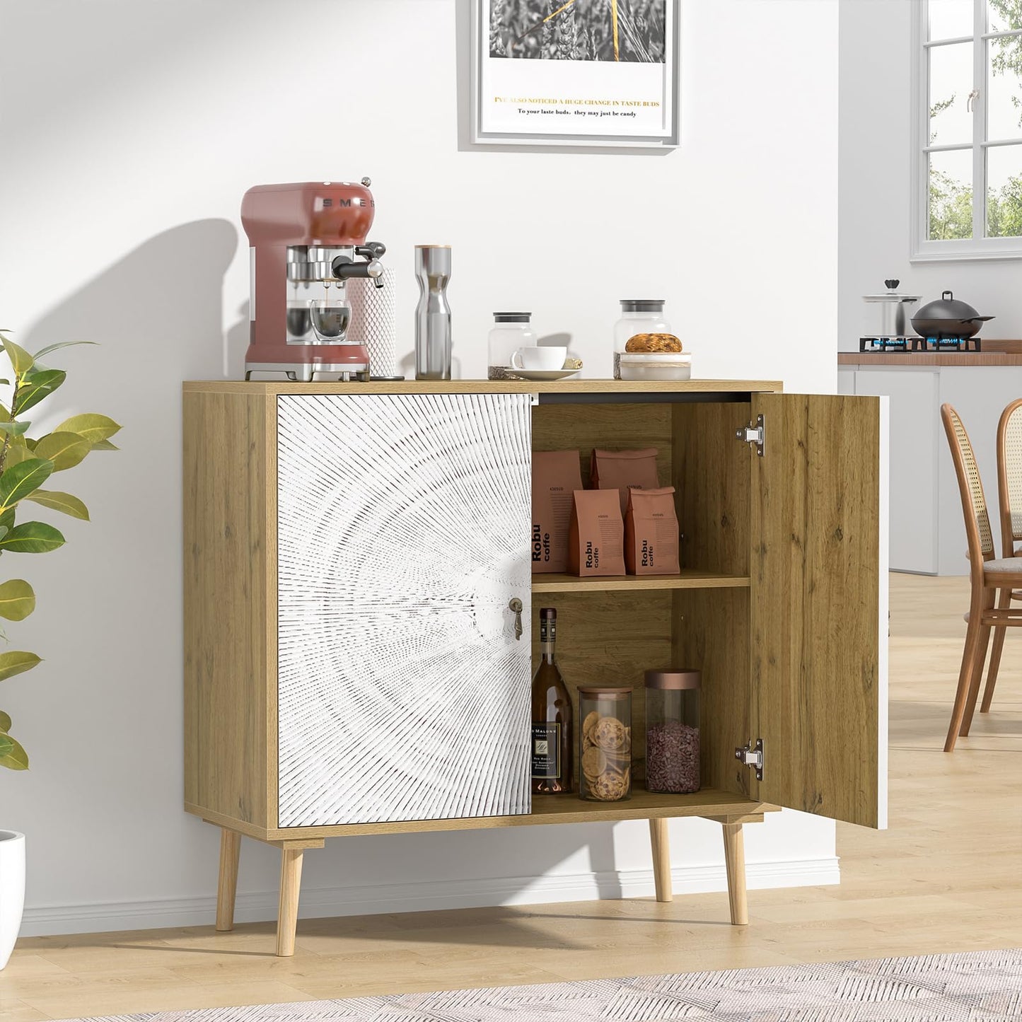 Skokliz Accent Cabinet with 2 Doors, Carved Storage Cabinet with Adjustable Shelf, Decorative Sideboard Buffet Cabinet with Solid Wood Feet