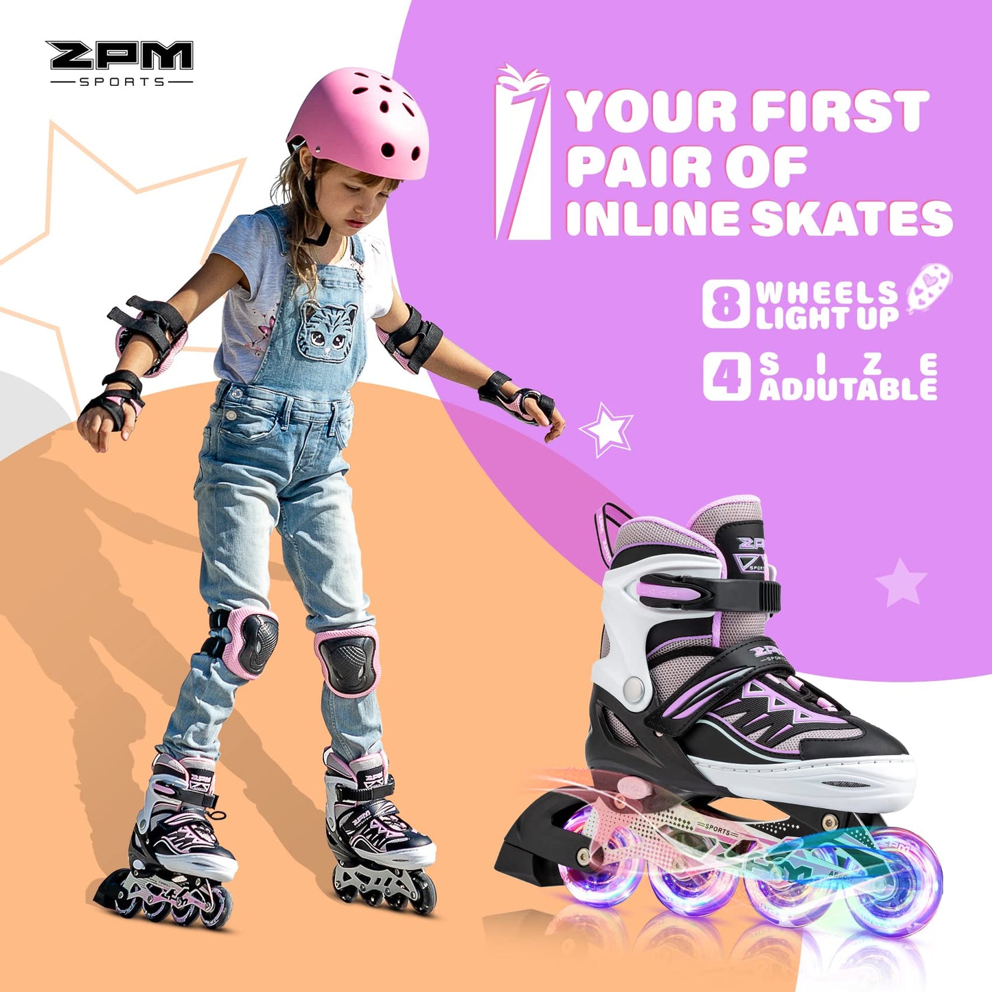 2pm Sports Adjustable Light up Inline Skates, Stylish Design Beginner Roller Skates for Boys and Girls - Purple Medium