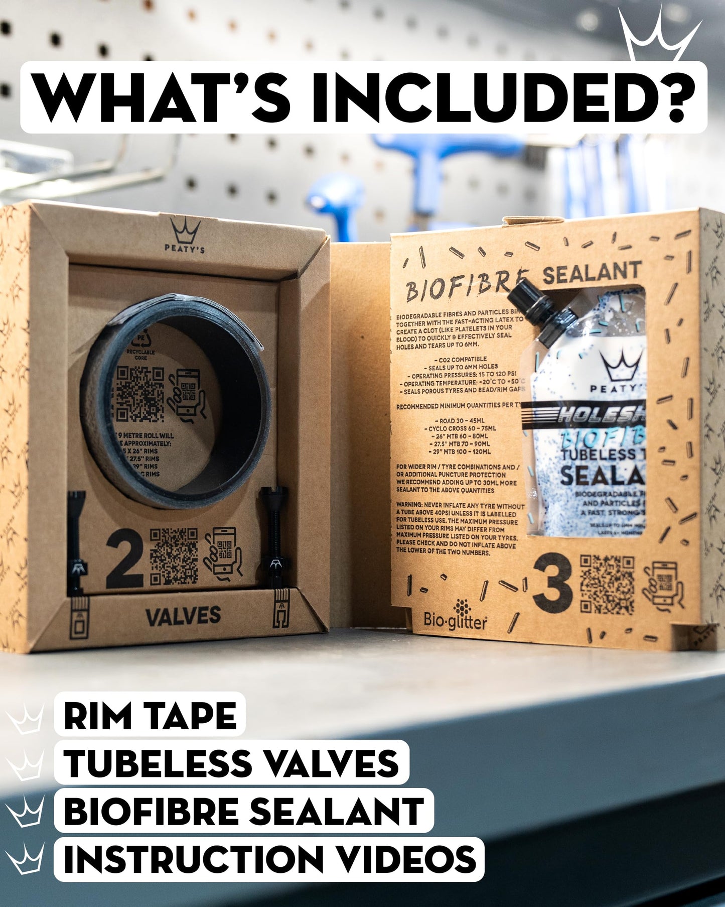 Peaty's Tubeless Wheel Conversion Kit - XC & Trail - 25mm Tape / 42mm Valves / 2x 120ml Holeshot Biofibre Sealant Pouch,Black