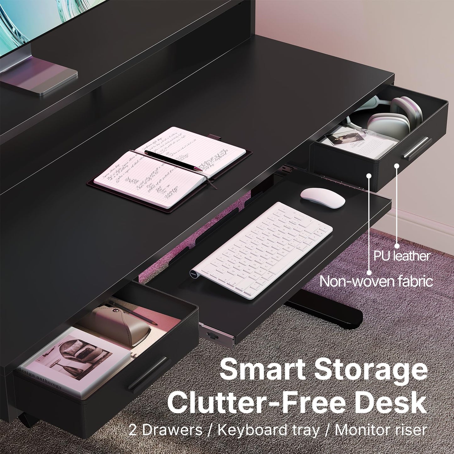 HUANUO 140 x 66cm Standing Desk with Drawers & 64cm Large Keyboard Tray, Electric Standing Desk with 4 Memory Height Settings for Home Office