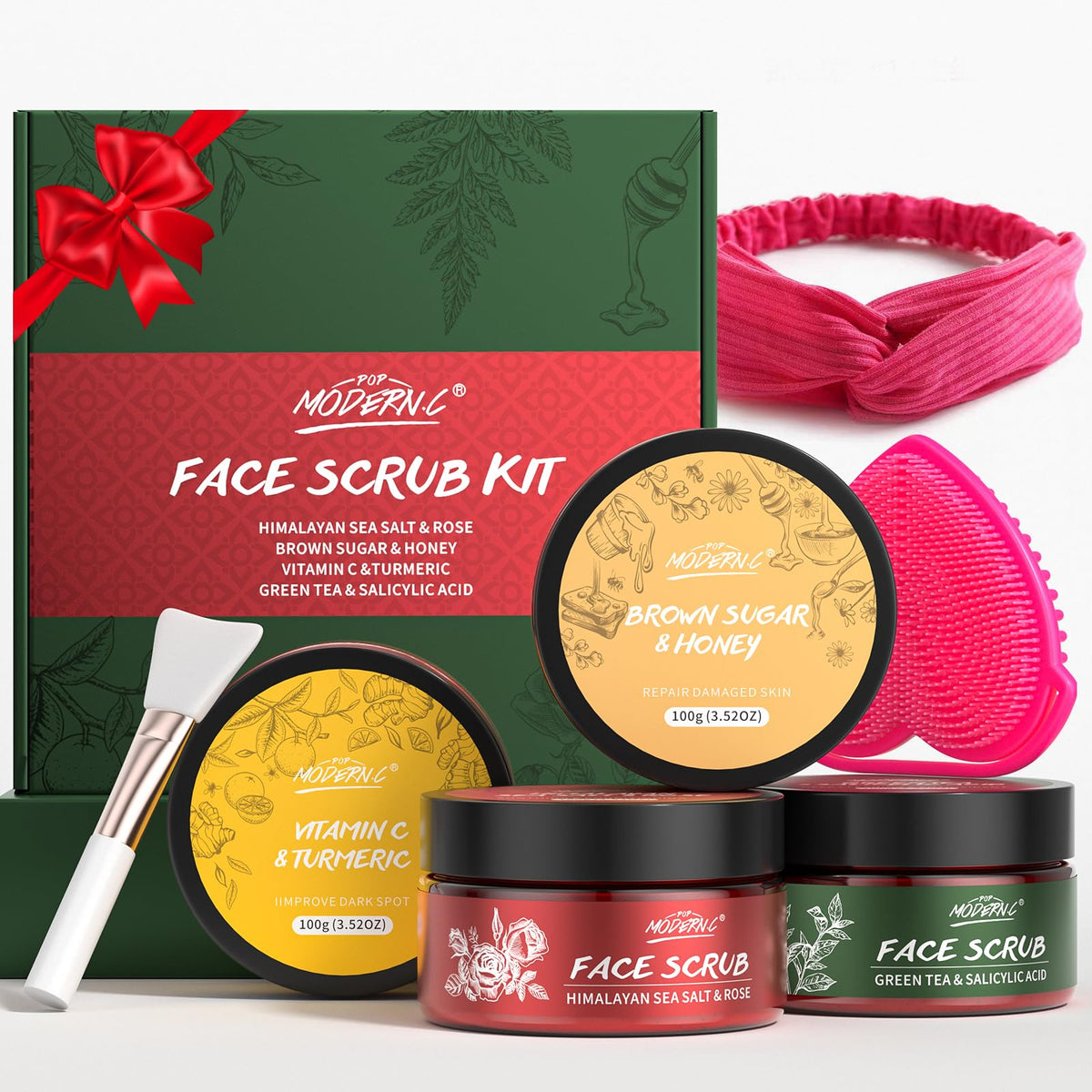 Face Scrub Set, Turmeric Vitamin C Exfoliating Face Wash, Brown Sugar Honey Facial Scrub, Green Tea Salicylic Acid Exfoliator, Himalayan Salt Rose