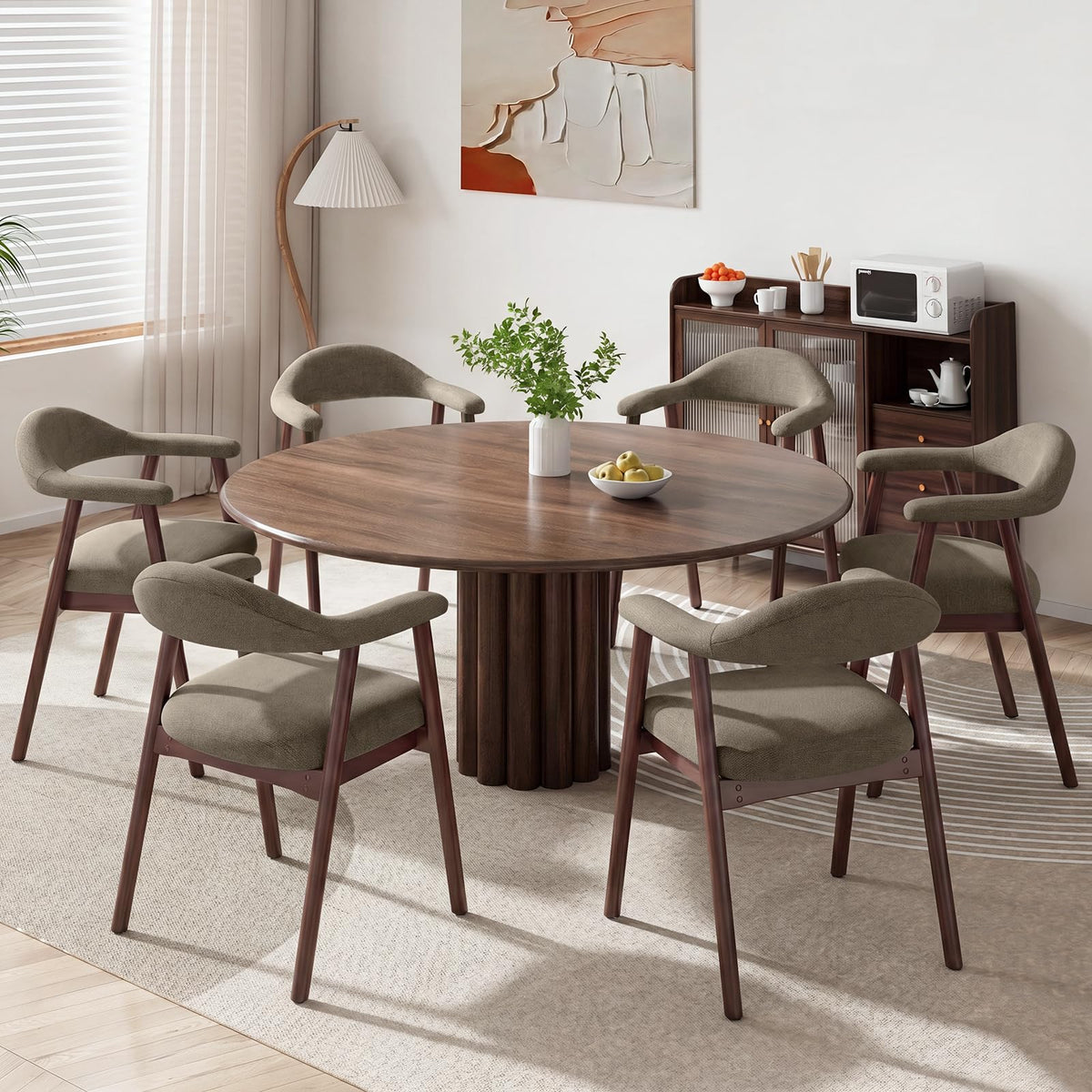 MALOL Wooden Dining Chairs Set of 6, Fabric Chairs for Dining Room with Armrest, Upholstered Kitchen Chairs with Curved Back and Wood Legs for Dining
