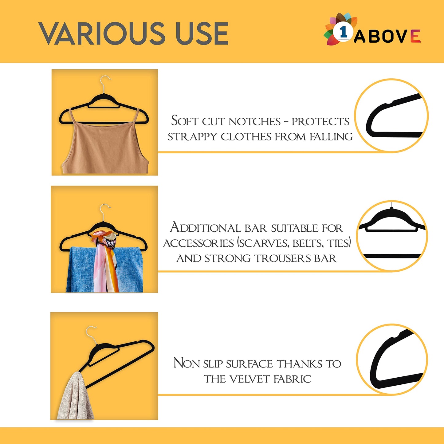 1ABOVE Premium Quality 50 pack Non-Slip Velvet Hangers (44cm) Heavy Duty Velvet Suit Hangers with Tie Bar, 360° Swivel Hooks – Space saving