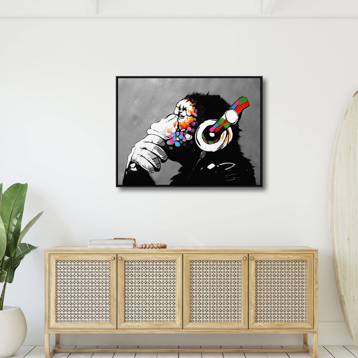 Wieco Art Large Black Framed Monkey With Headphones Banksy Graffiti Art Abstract Canvas Painting for Home Decor Canvas Wall Art for Living Room
