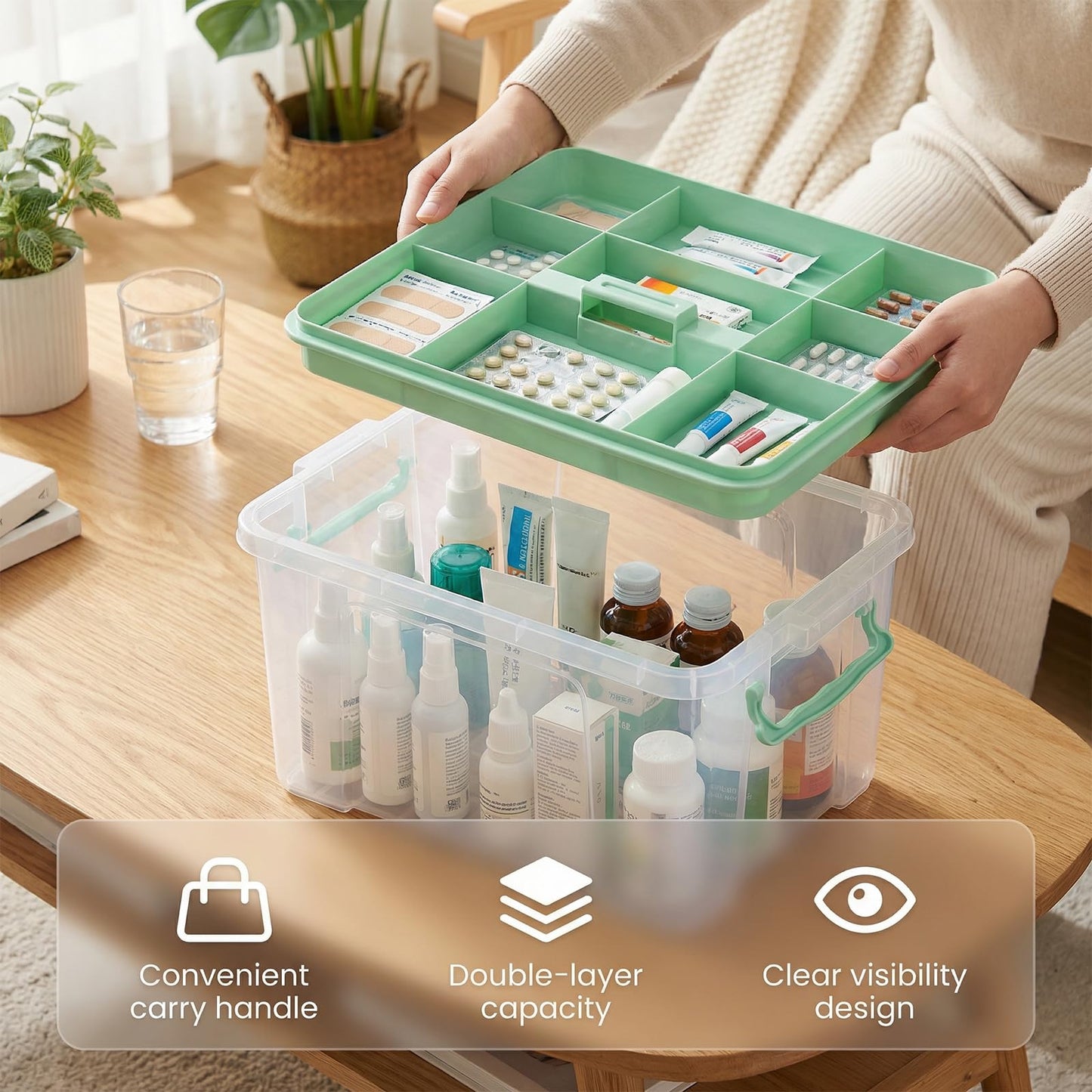 Stidyzo Medicine Storage Box, 2-Layer Medicine Organiser with Lid, Green