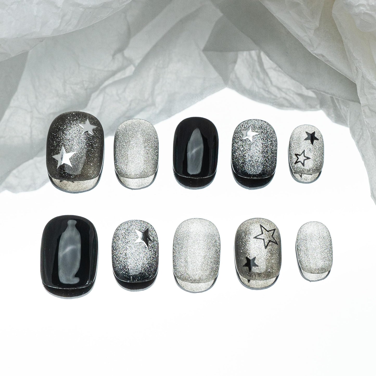 Sun&Beam Nails Handmade Press-on Short Squoval Round Black Silver Magnet glossy Star Design Fashion False Nail Tips 10 Pcs Set (#204 L)