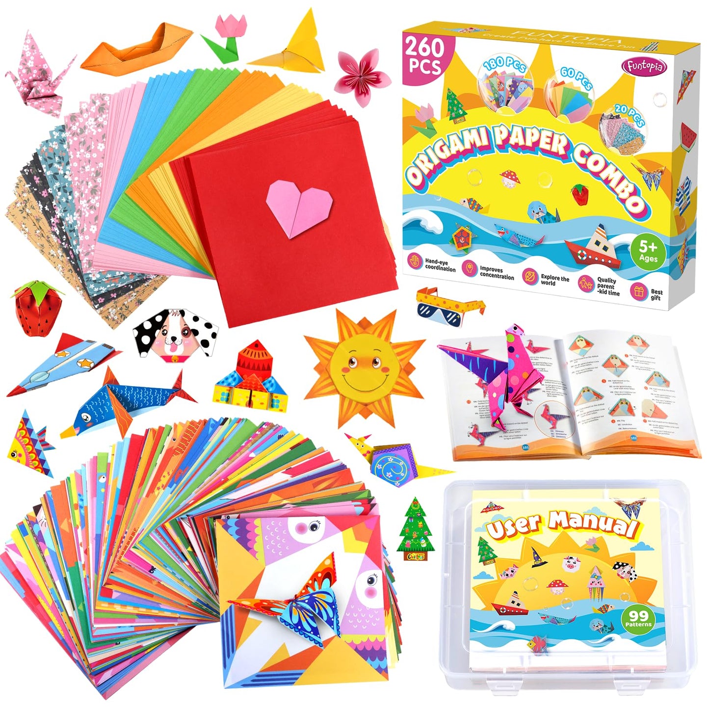 260 Sheets Origami Paper, Origami Set for Kids 6-12 with 99 Patterns and Guiding Book, Folding Paper Art Craft Kits Supplies for Kids Girls Toy,Travel