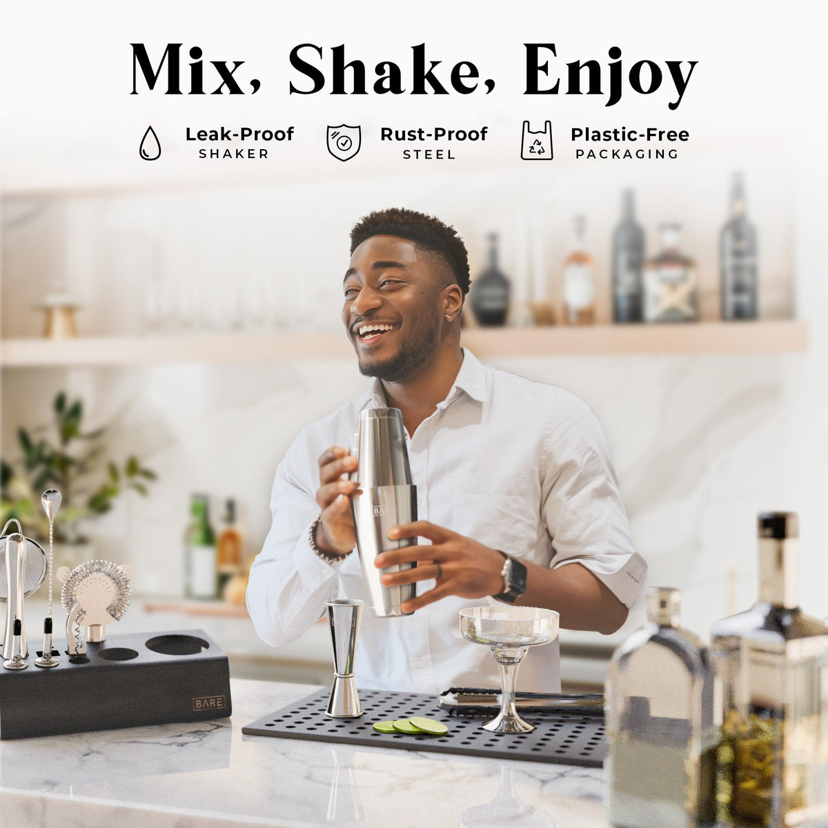BARE BARREL Cocktail Making Kit | 14-Piece Bartender Kit Cocktail Shaker Set Maker | Bamboo Display Stand & 35 Recipe Cards | Mixology Cocktail Gift