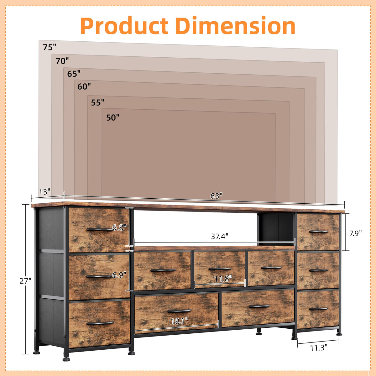 VERMESS 63" Tv Cabinet, Dresser for Bedroom with 11 Fabric Drawers, TV Stand with Power Socket for TVs up to 70", TV Units for Living Room, Bedroom