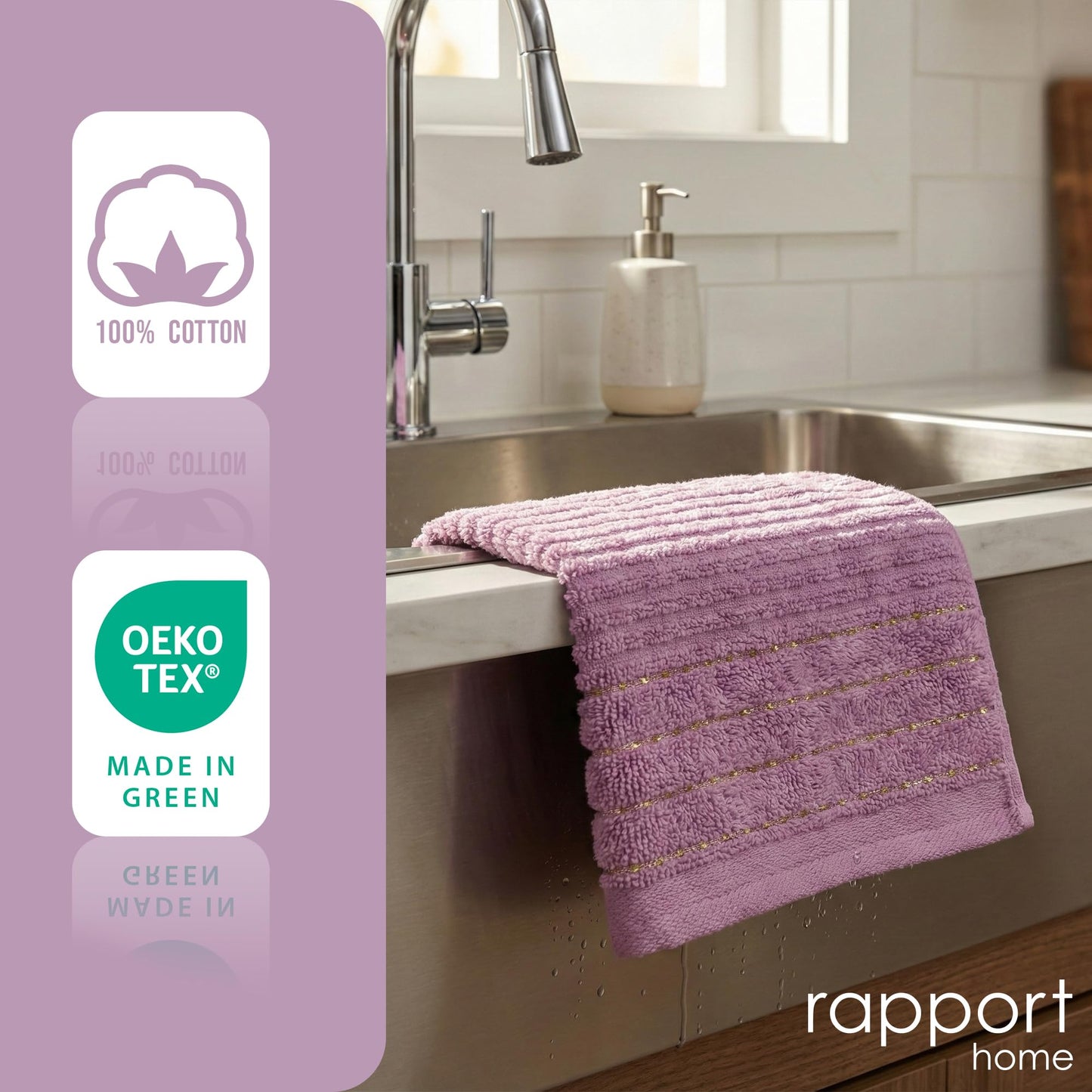 Rapport Home 2-Pack Linear Hand Towels | 50x85cm 100% Cotton 500GSM | Absorbent & Soft Bathroom Towel Set | Oeko-Tex Certified | Lavendar Pink