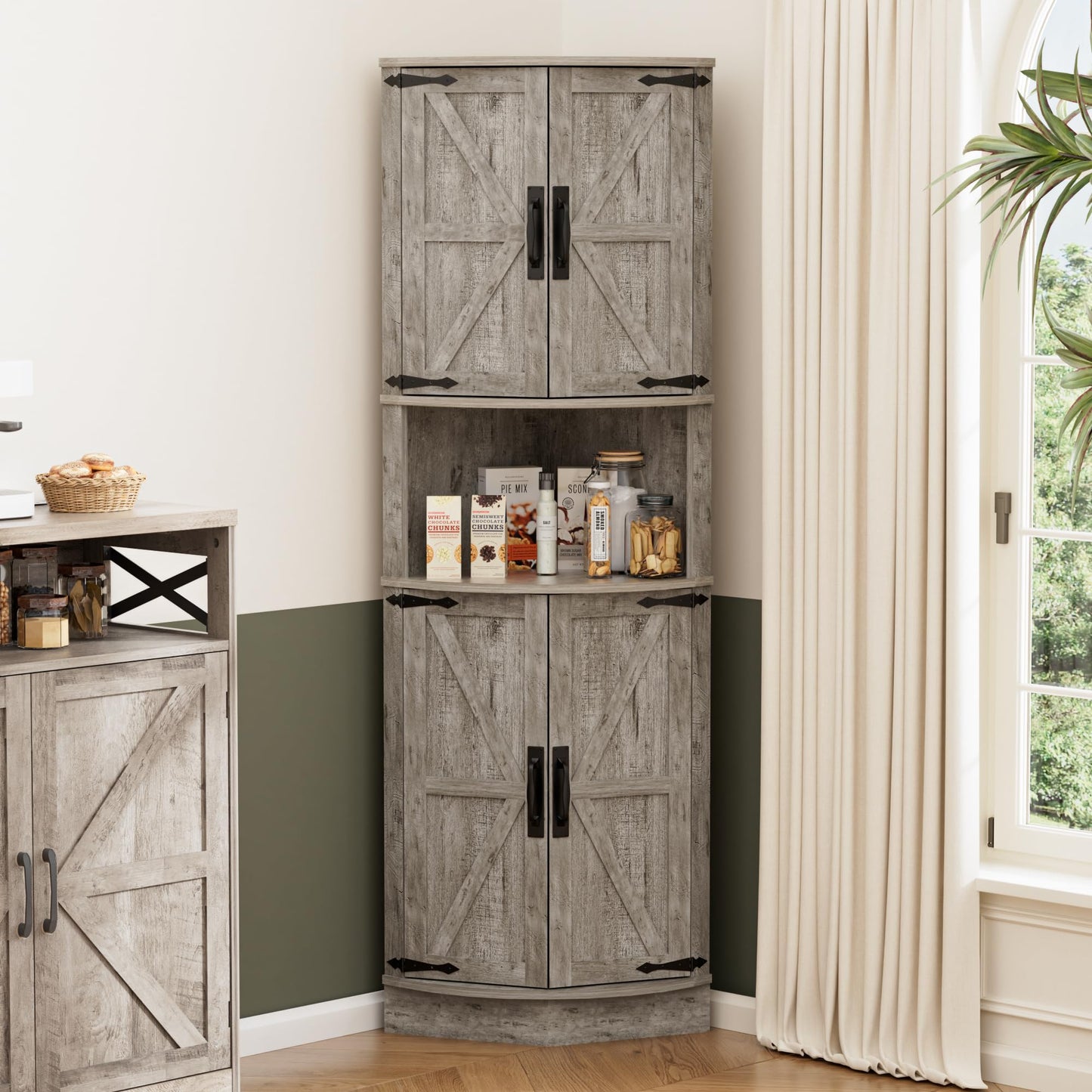 BonVache 165cm Tall Corner Storage Cabinet with Barn Doors, 5-Tier Farmhouse Corner Cabinet for Living Room, 4 Wooden Doors and 5 Shelves