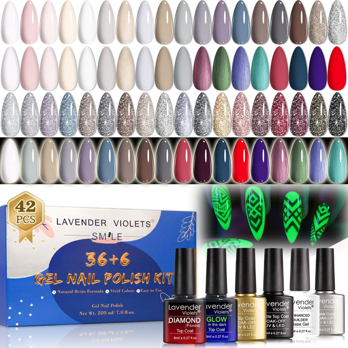 42 Pcs Morandi UV Gel Nail Polish Set - Autumn Winter Warm Tones Full Range with Glow in The Dark Top Coat, No Wipe Matte/Diamond Builder Base, Soak