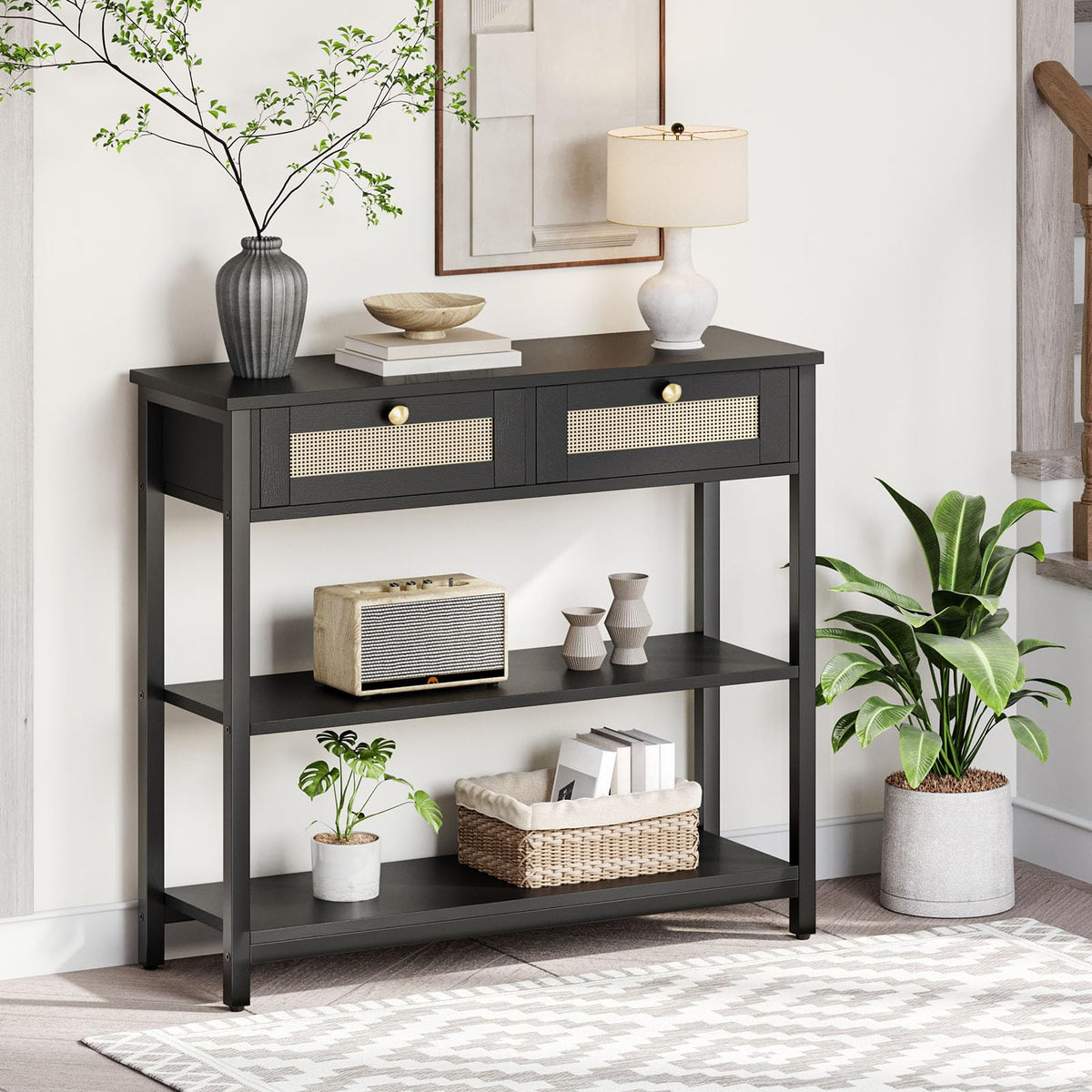 HOOBRO Rattan-Like Black Console Table, 3-Tier Hallway Table with 2 Flip-Down Drawers and Storage Shelves, 80 cm, Open and Hidden Storage Space