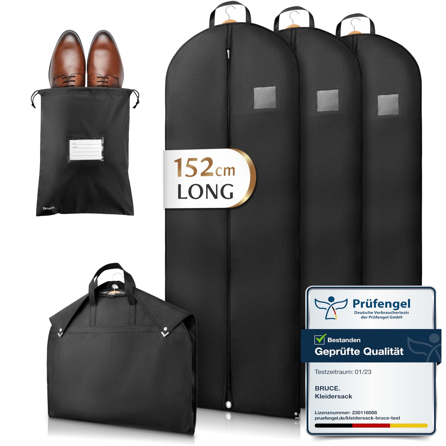Bruce.® 3x Garment Bags 152x60 cm + Shoe Bag – Black