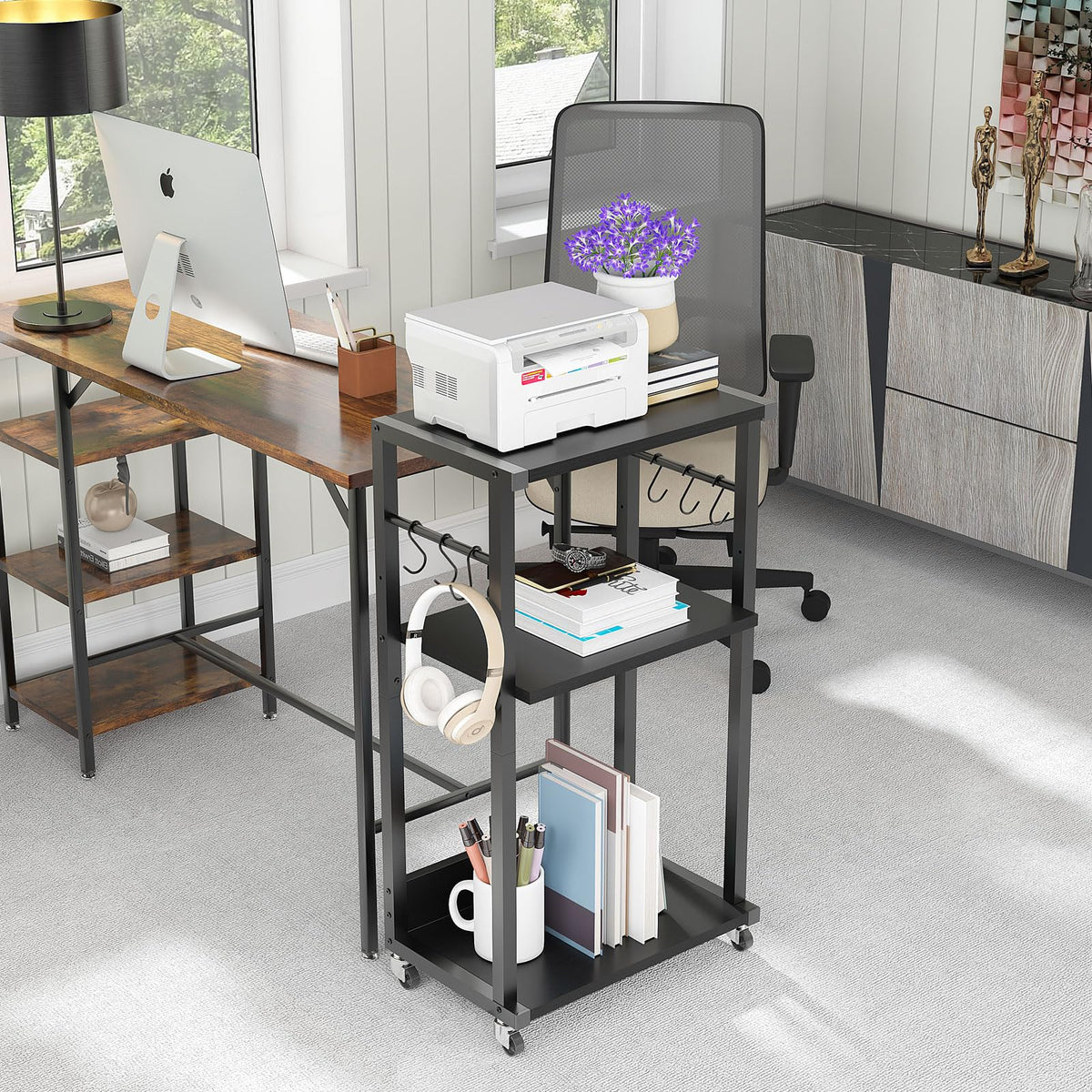 YMYNY Mobile Printer Stand, 3 Tier Under Desk Home Printer Cart on Wheels, Industrial Height Adjustable Wood Rolling Printer Table for Fax Machine,
