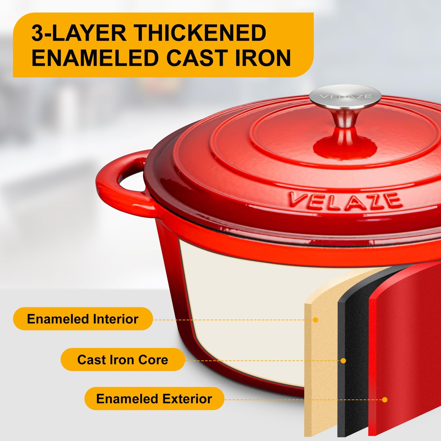 Velaze Casserole Dishes,Cast Iron Braiser With Lid, Non Stick Dutch Oven Pot,Heavy-Duty Round Cast Iron Pot, Sturdy Dutch Oven Cookware,