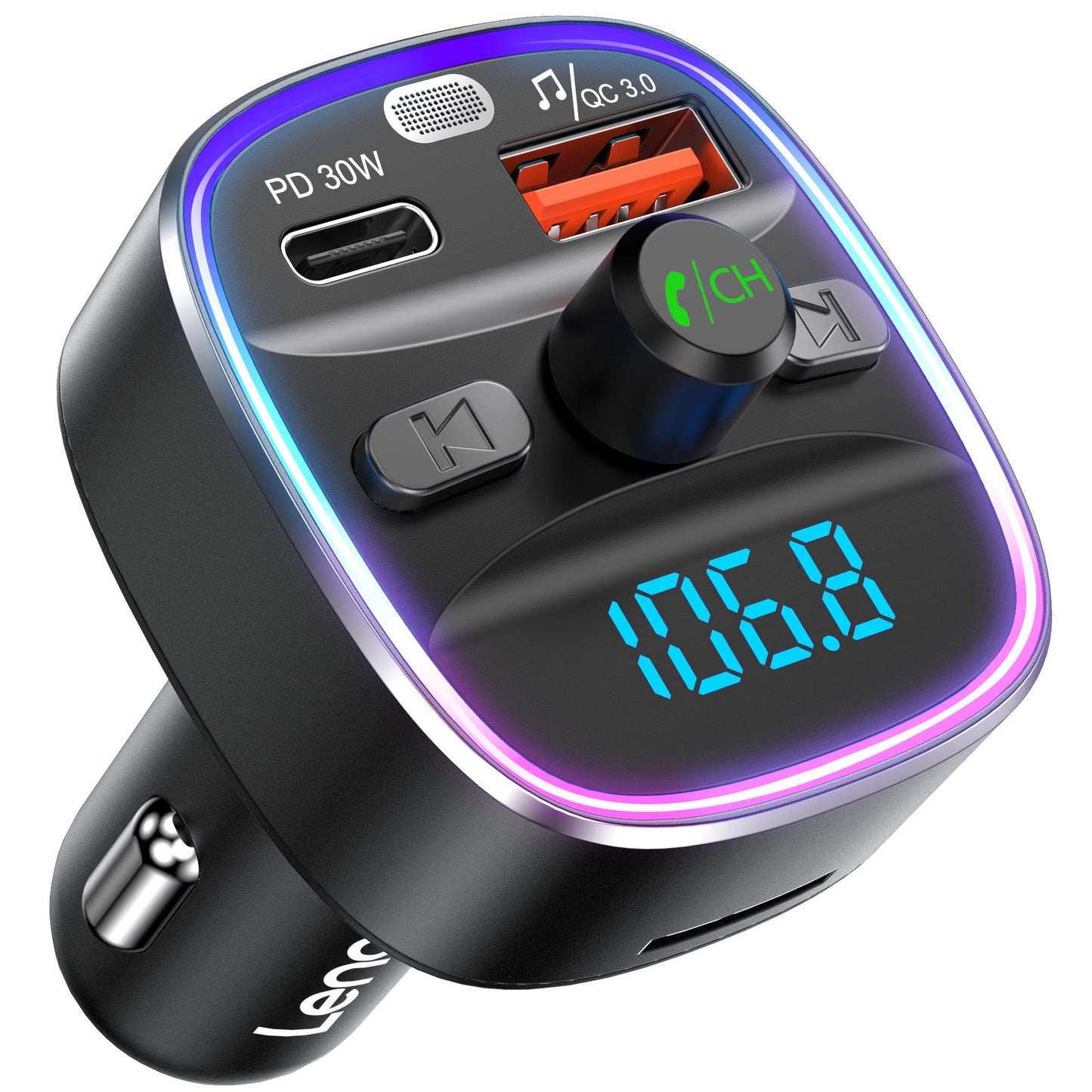 LENCENT Bluetooth 5.4 FM Transmitter Car Adapter 48W [PD 30W & 18W] [7 Color Light] [Fast Charging] Wireless Radio Music Adapter Hands-Free Calling,