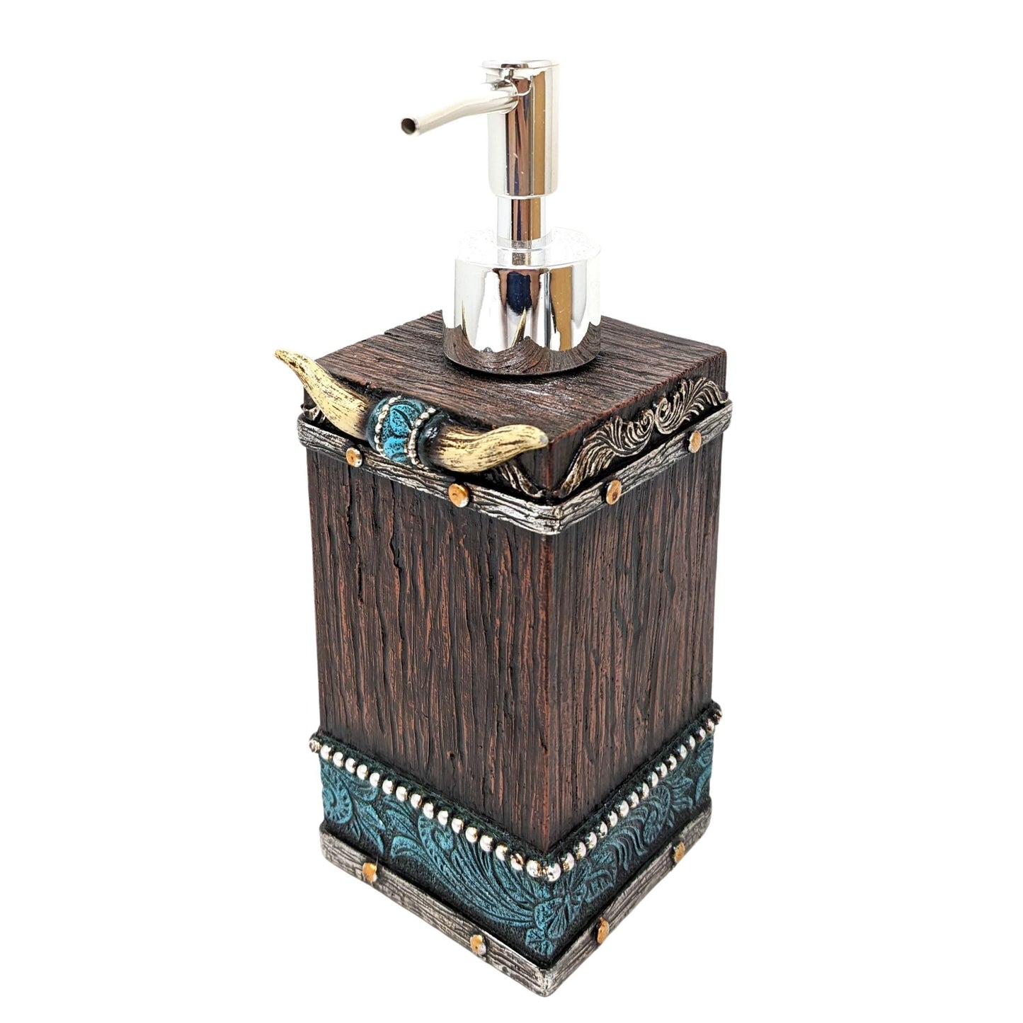 BestGiftEver Southwestern Soap Dispenser - Cowboy Bathroom Accessories - Faux Horns and Tooled Leather-Inspired Soap Pump - Native Indian Home Decor -