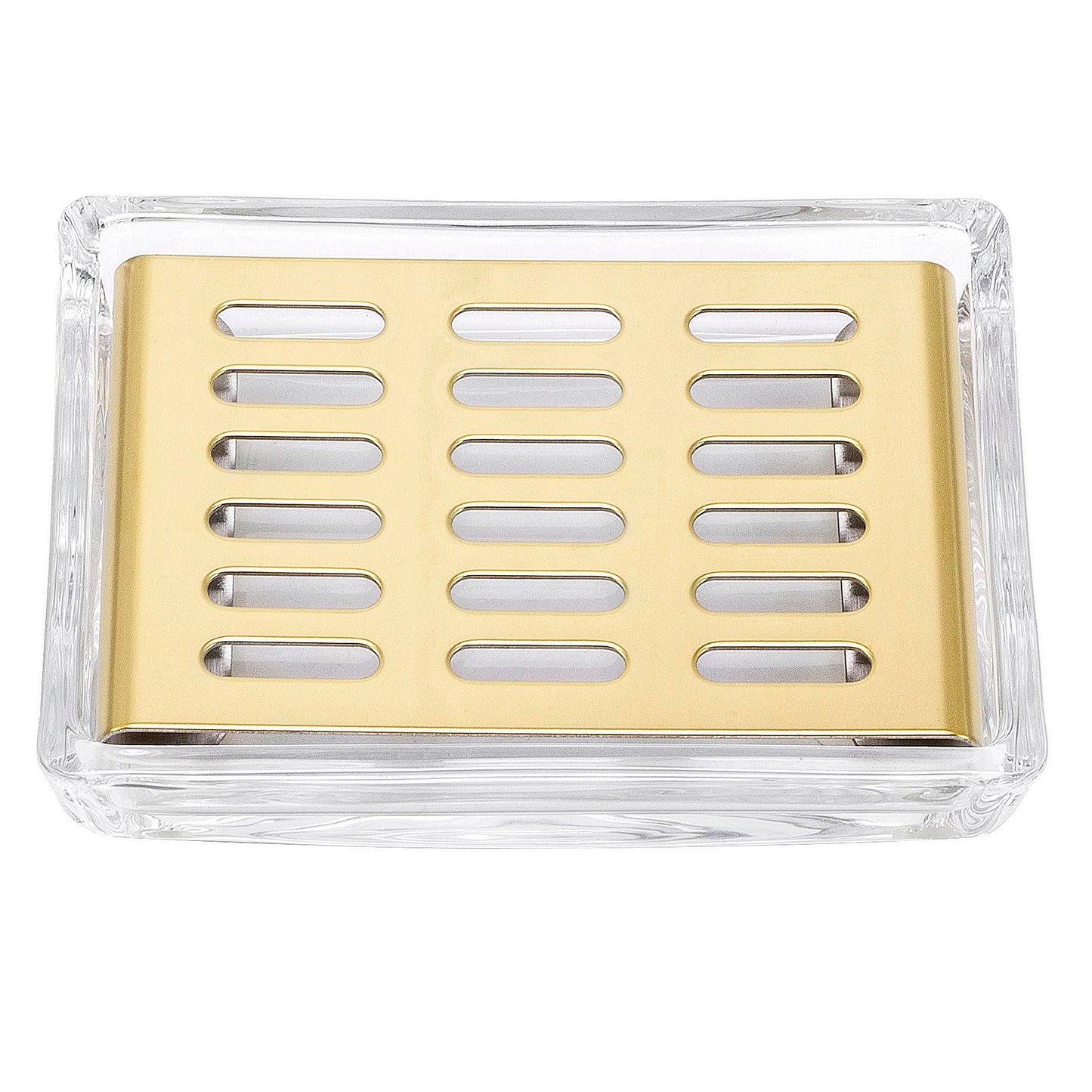 Glass Soap Dish (11.3 x 8.5 x 2.4cm) Stainless Steel Soap Holder for Bathroom and Shower Double Layer Draining Soap Box (Gold tray)