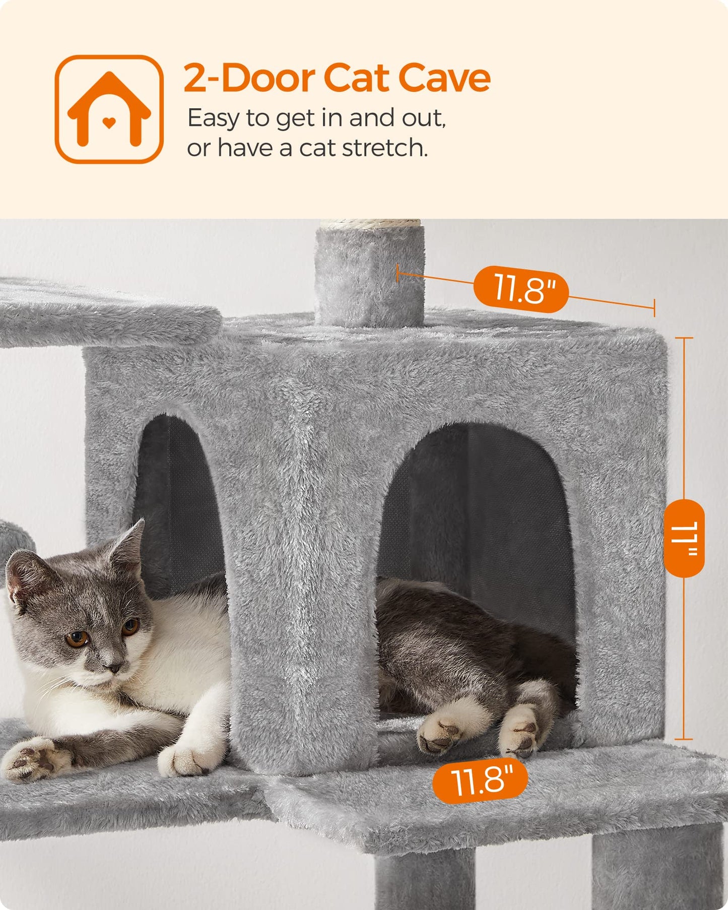 Feandrea Cat Tree, 143 cm Cat Tower for Indoor Cats, Multi-Level Plush Cat Condo with 4 Scratching Posts, 2 Perches, Cave, Hammock, Pompoms, Light