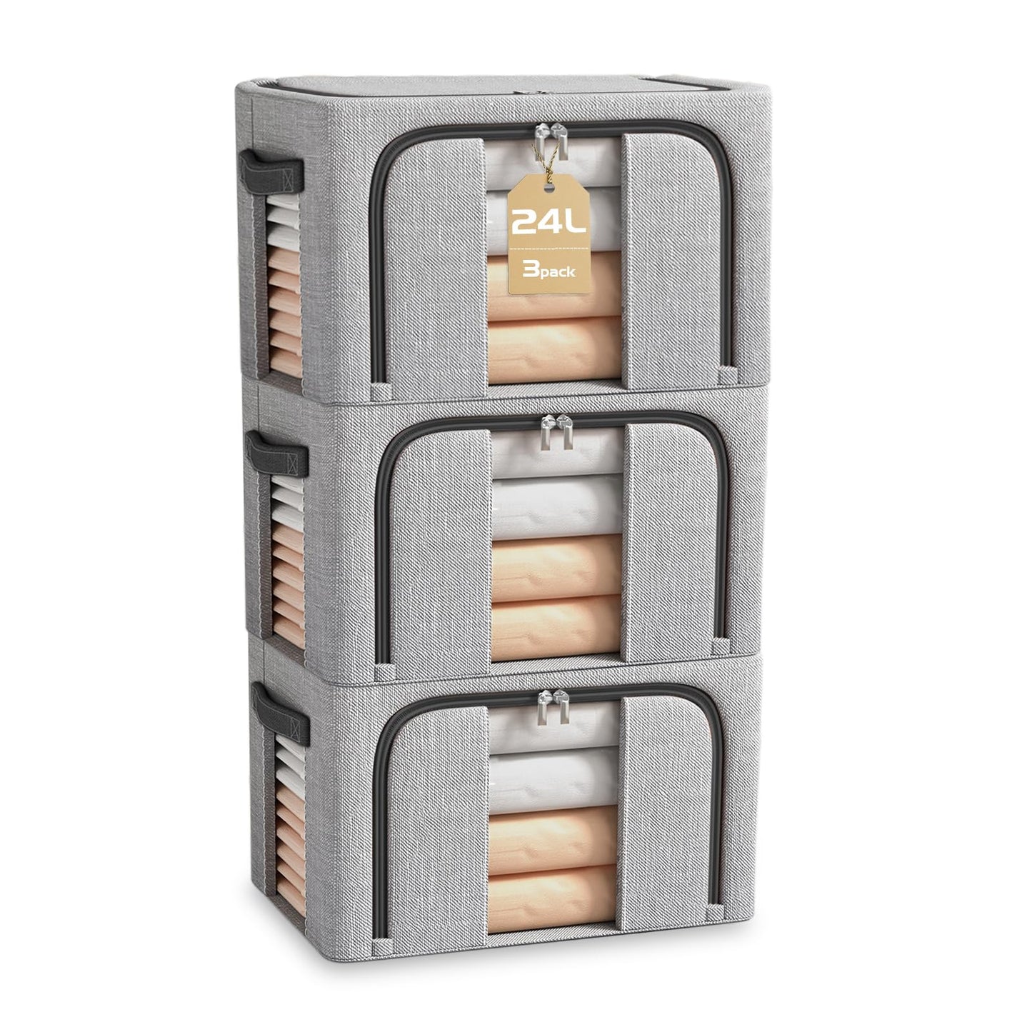 BOUDOI Storage Boxes Organiser,3 Pack Clothes Storage Boxes With Double Opening Zip Clear Window＆Steel Frame,Foldable＆Waterproof Wardrobe Fabric