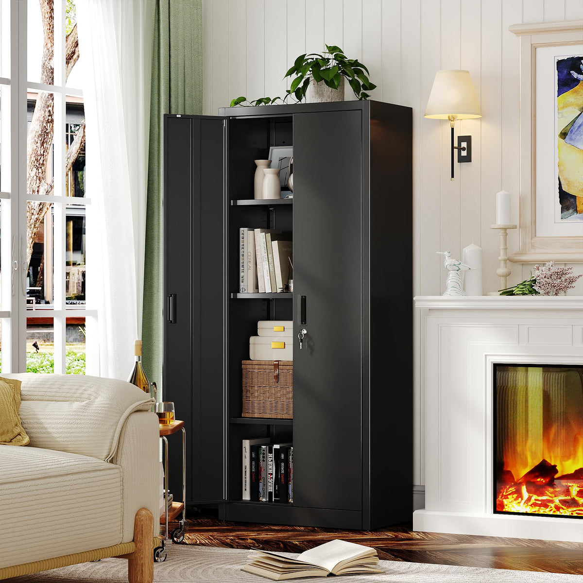 FlairVibe Metal Storage Cupboard with 2 Door and 3 Adjustable Shelves,Black