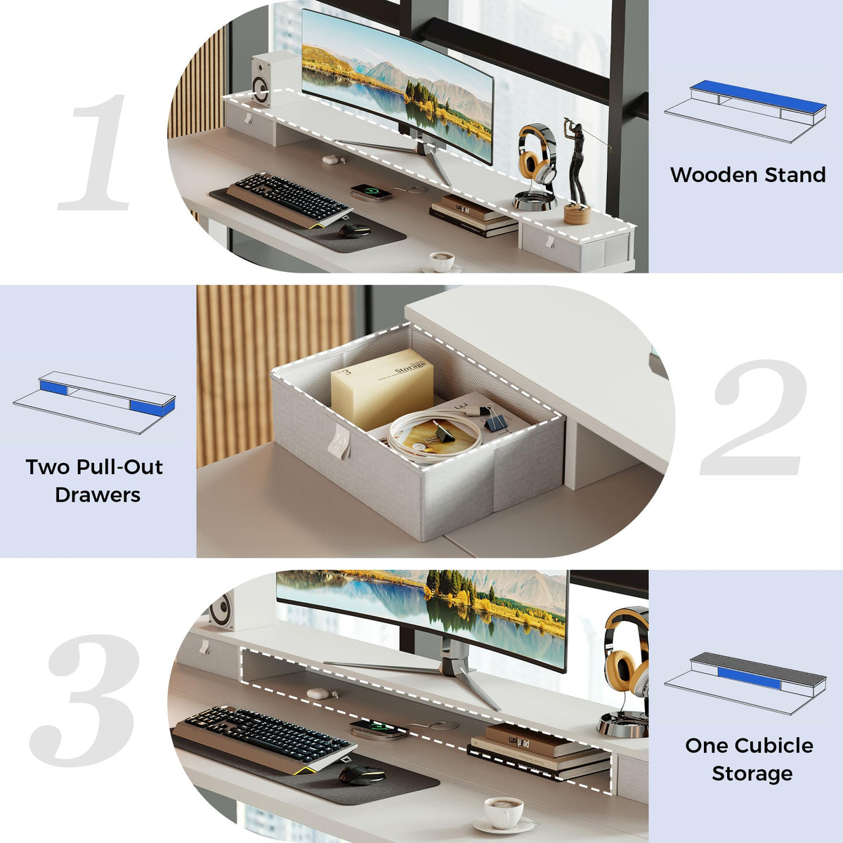 Agilestic Electric Adjustable Height Desk, with 2 Fabric Drawers, 140x60cm