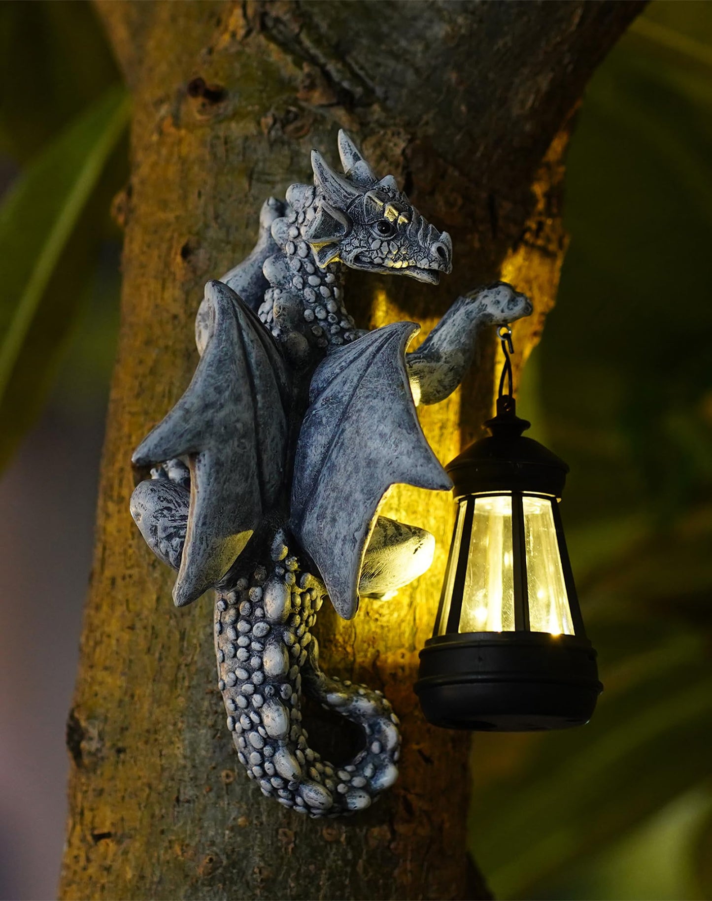 Tree Hugger Garden Dragon Statue with Solar Lantern - Outdoor Decor Welcome Sign and Tree Face Garden Gift - Perfect Gardening Gift Idea, 13.97cm x