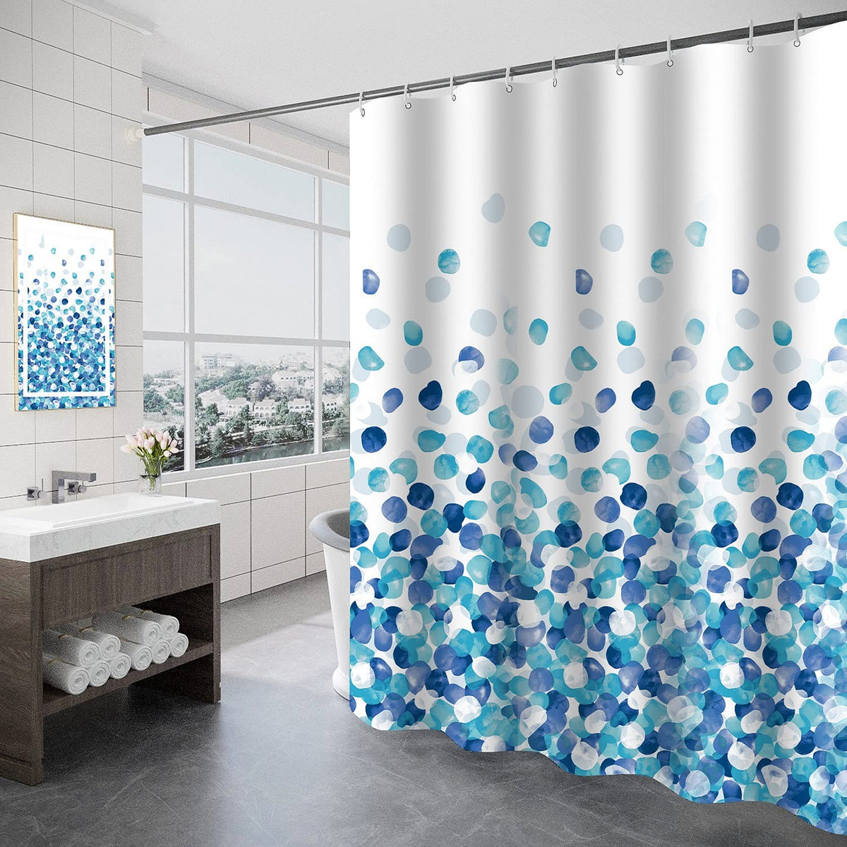 Tennove Shower Curtain 240 x 200cm Blue Petal Thick Polyester Fabric Mildew Resistant Shower Curtain Liner for Bathroom Decor Waterproof Long Bath