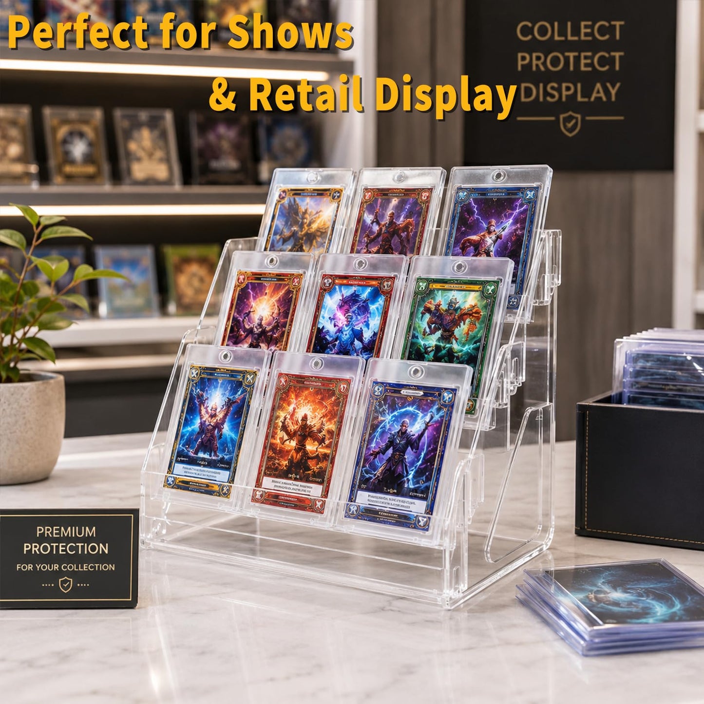 Oncpcare 2 Pack 3-Tier Clear Card Display Stands – Vertical Riser Shelf Rack for Trading Sports Postcards and Collectible Card Holders