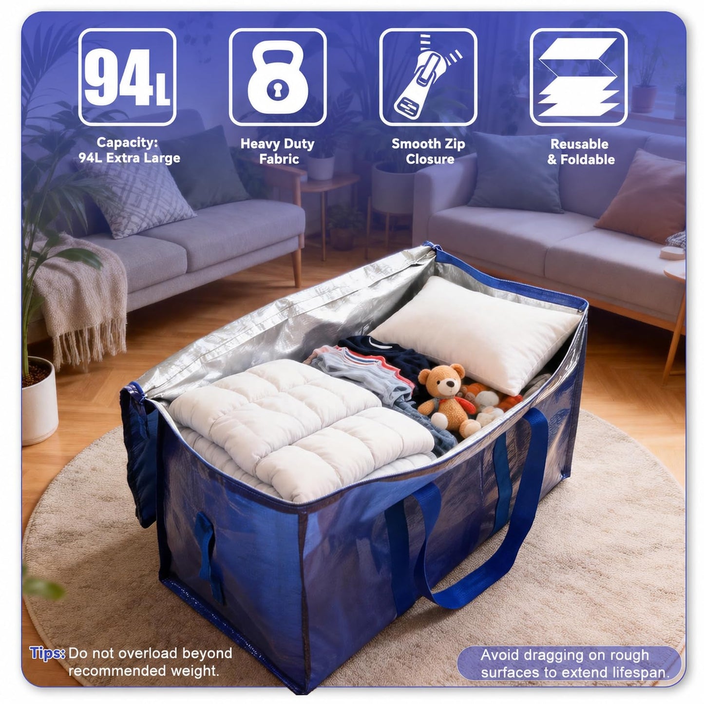 Tapwish 94L Extra Large Heavy Duty Storage Bags with Zips, Blue, 6 Pack